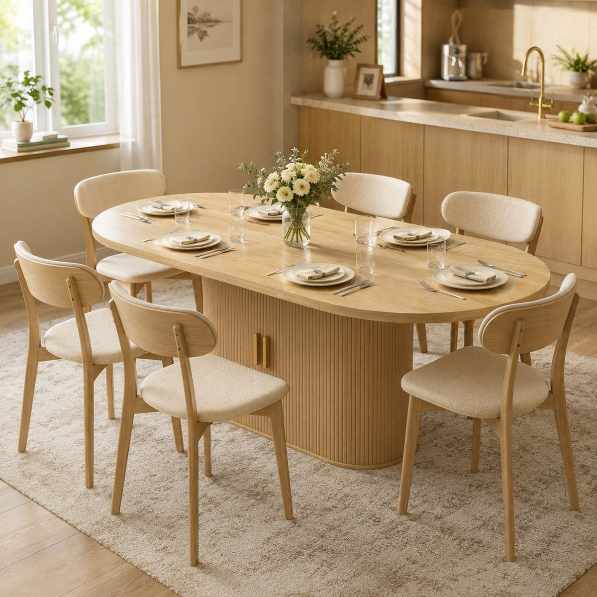 Oval Dining Table for 6 People, Modern Farmhouse Kitchen Table with Thick Tabletop, Under Cabinets and Tambour Sliding Doors for Kitchen, Dining Room, Living Room, Oak