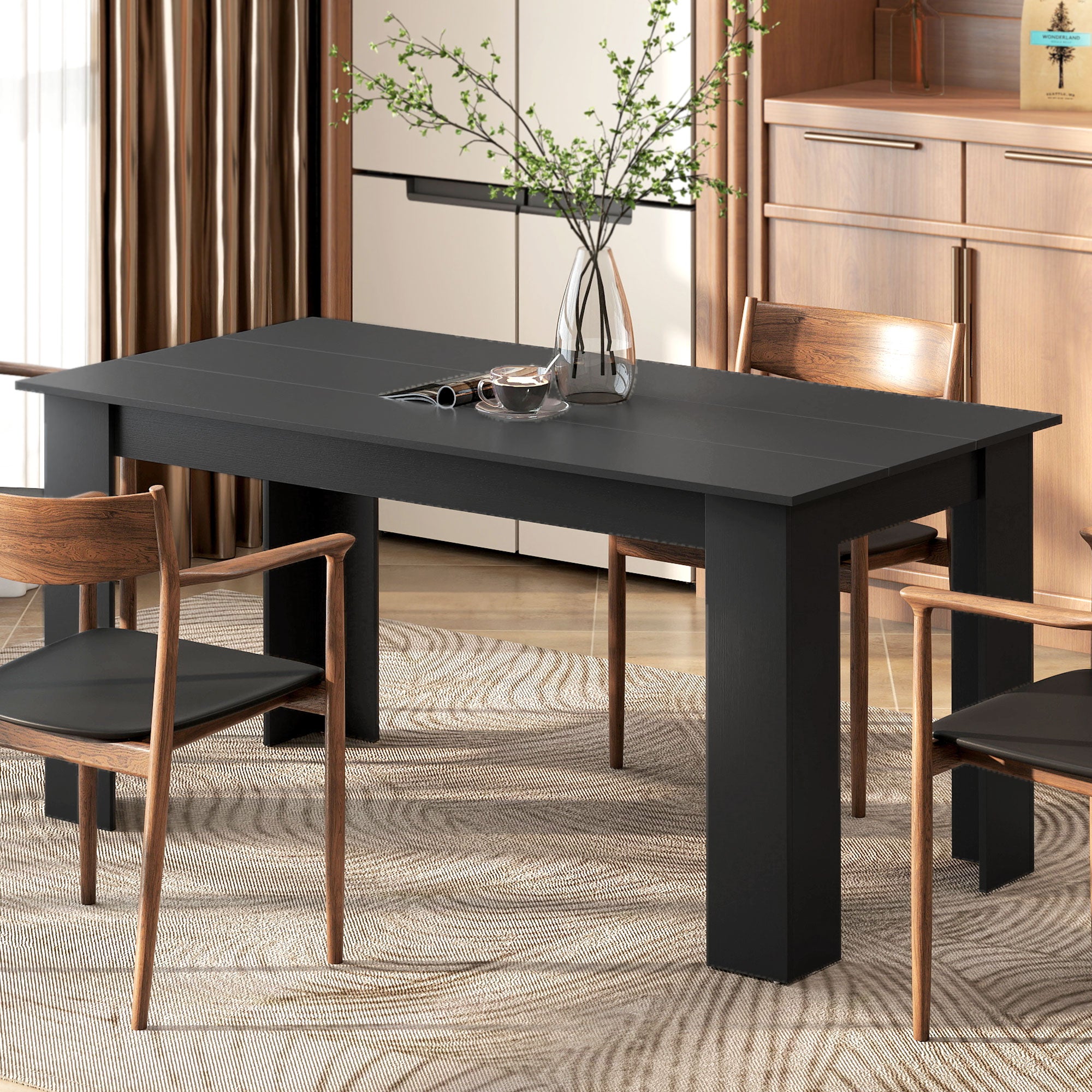 63" Dining Table for 4-6 People, Mid-Century Modern Rectangular Kitchen Table with Wood Effect for Dining Room, Living Room, Black Wood Effect