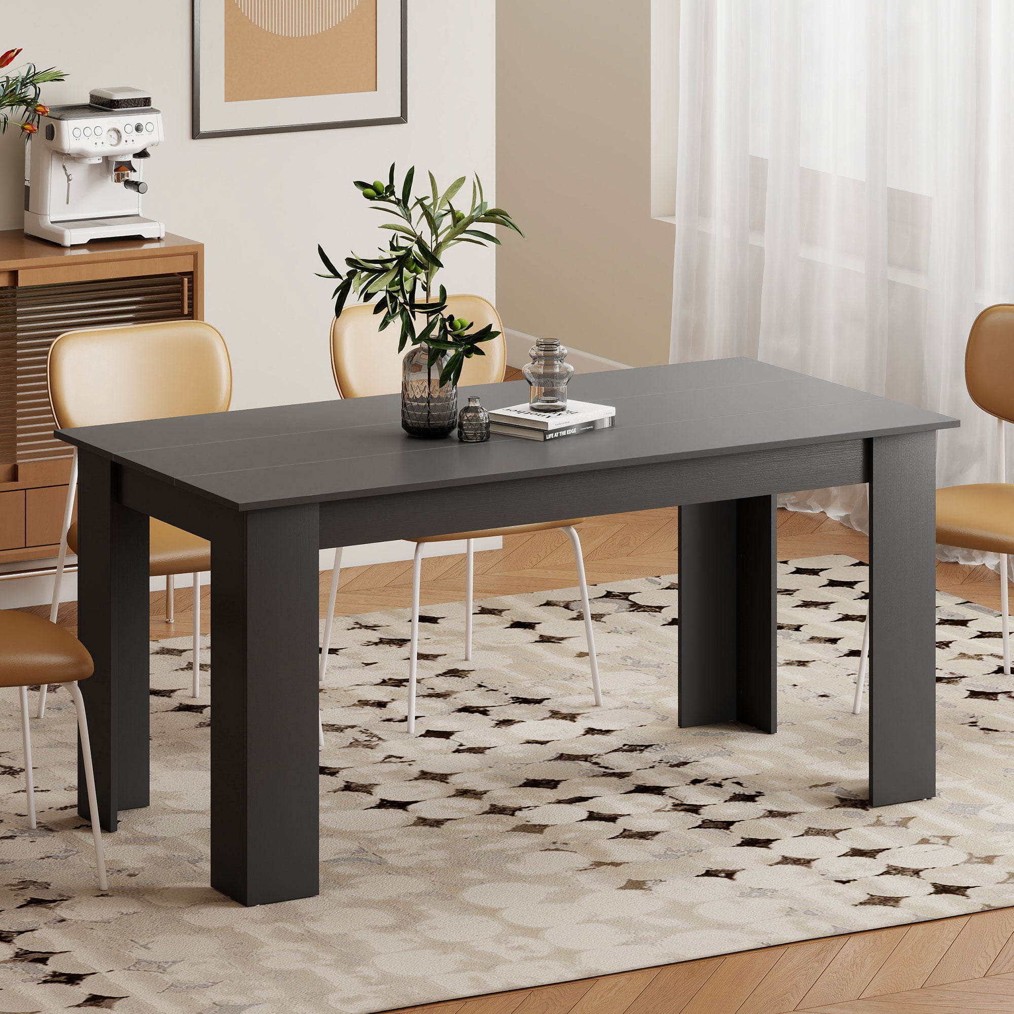 63" Dining Table for 4-6 People, Mid-Century Modern Rectangular Kitchen Table with Wood Effect for Dining Room, Living Room, Black Wood Effect