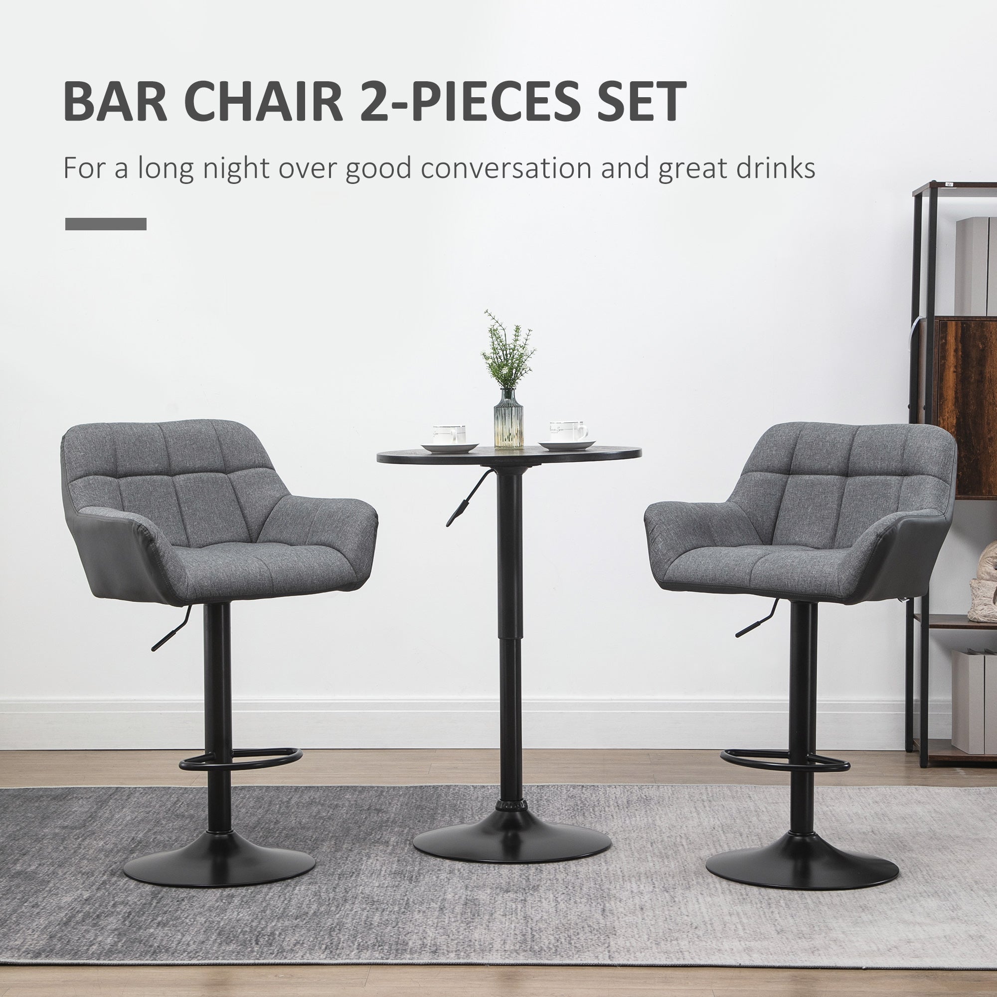 HOMCOM Adjustable Bar Stools Set of 2, Swivel Tufted Linen Fabric Barstools with Footrest and Armrests, Bar Chairs for Kitchen Counter and Dining Room, Grey