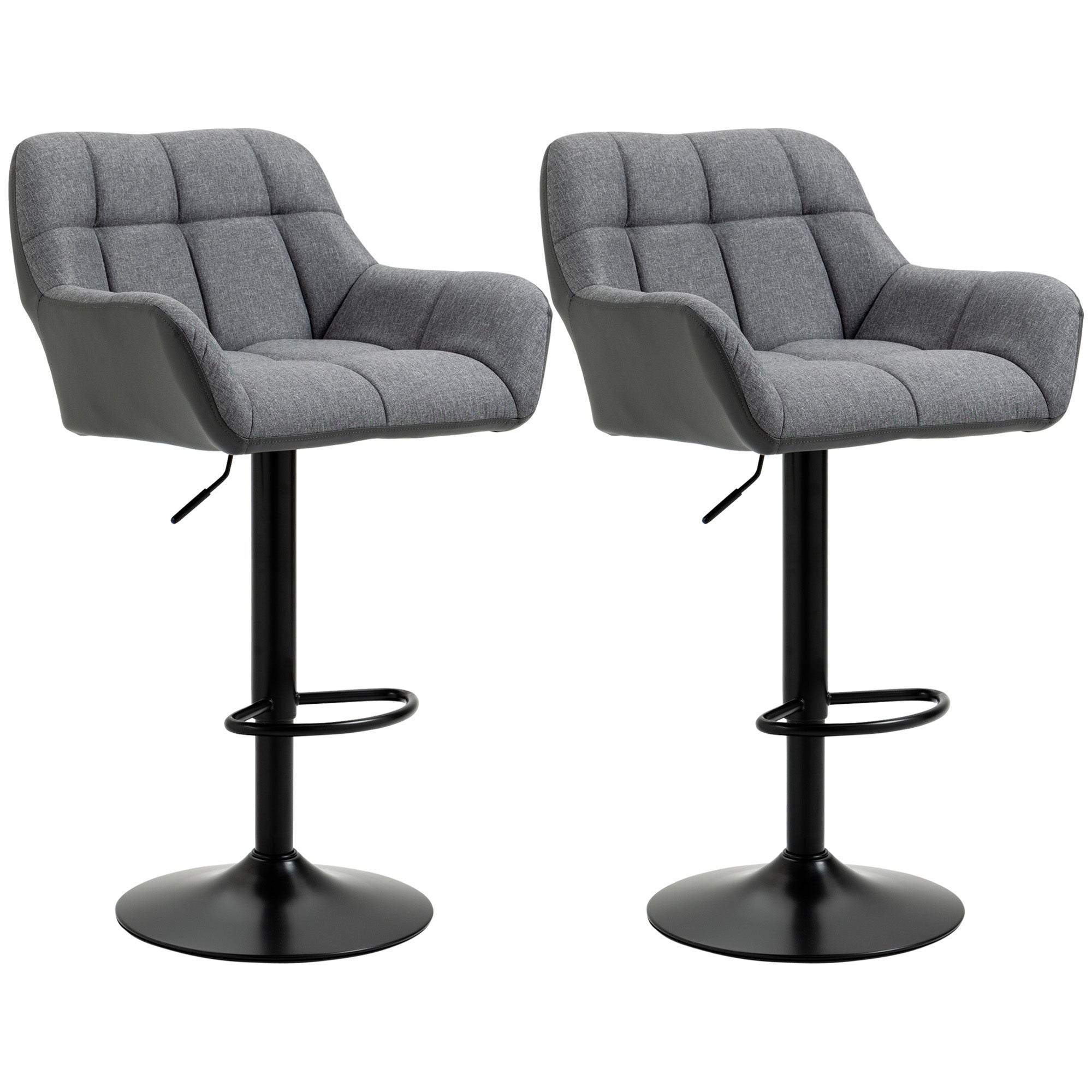 HOMCOM Adjustable Bar Stools Set of 2, Swivel Tufted Linen Fabric Barstools with Footrest and Armrests, Bar Chairs for Kitchen Counter and Dining Room, Grey