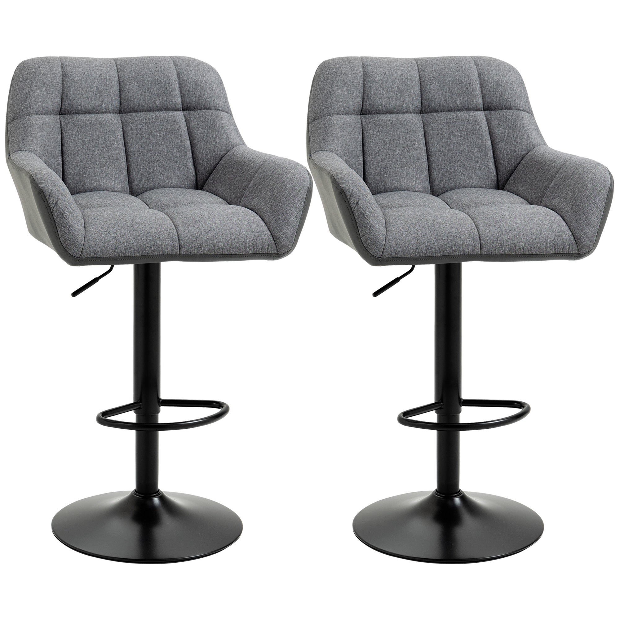 HOMCOM Adjustable Bar Stools Set of 2, Swivel Tufted Linen Fabric Barstools with Footrest and Armrests, Bar Chairs for Kitchen Counter and Dining Room, Grey