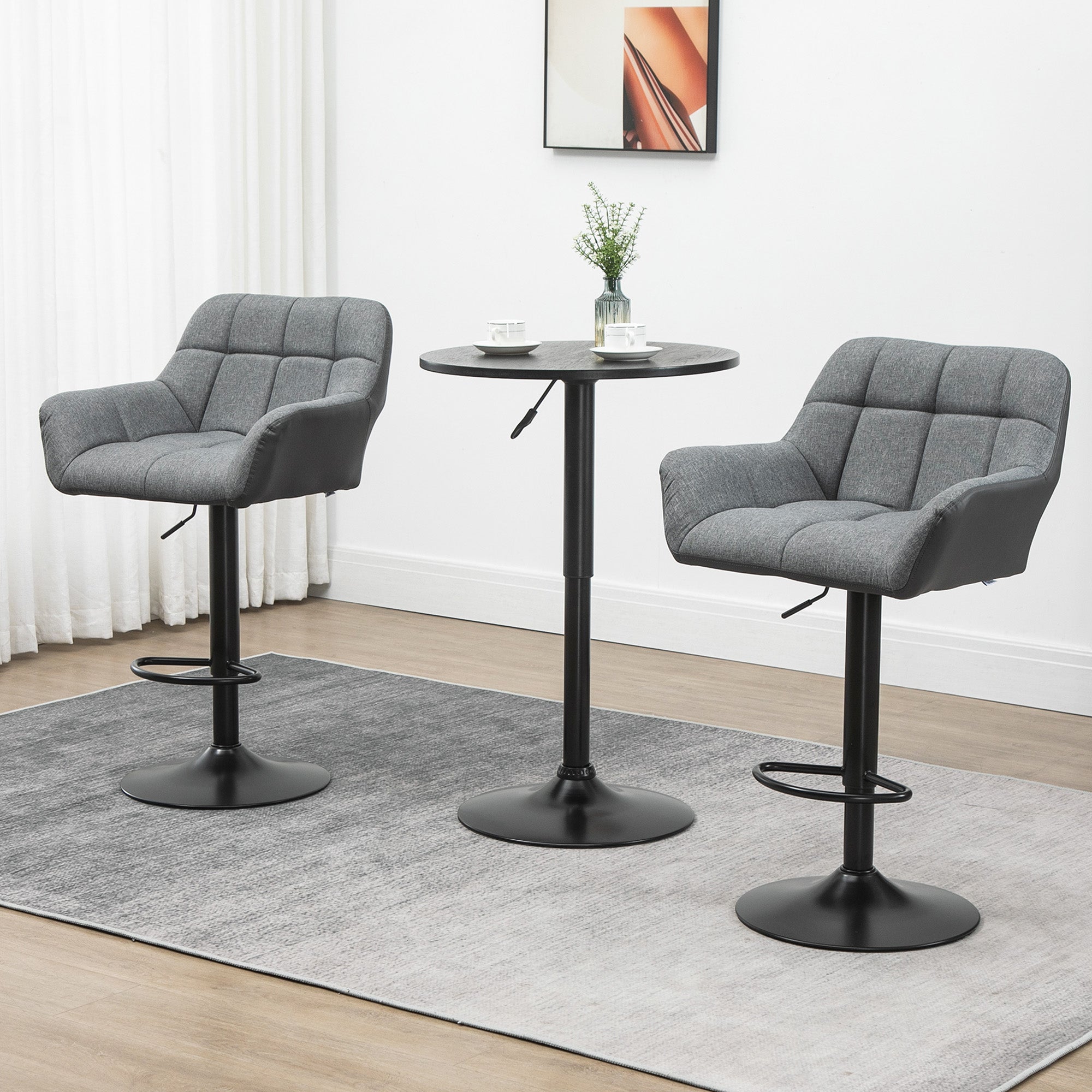 HOMCOM Adjustable Bar Stools Set of 2, Swivel Tufted Linen Fabric Barstools with Footrest and Armrests, Bar Chairs for Kitchen Counter and Dining Room, Grey