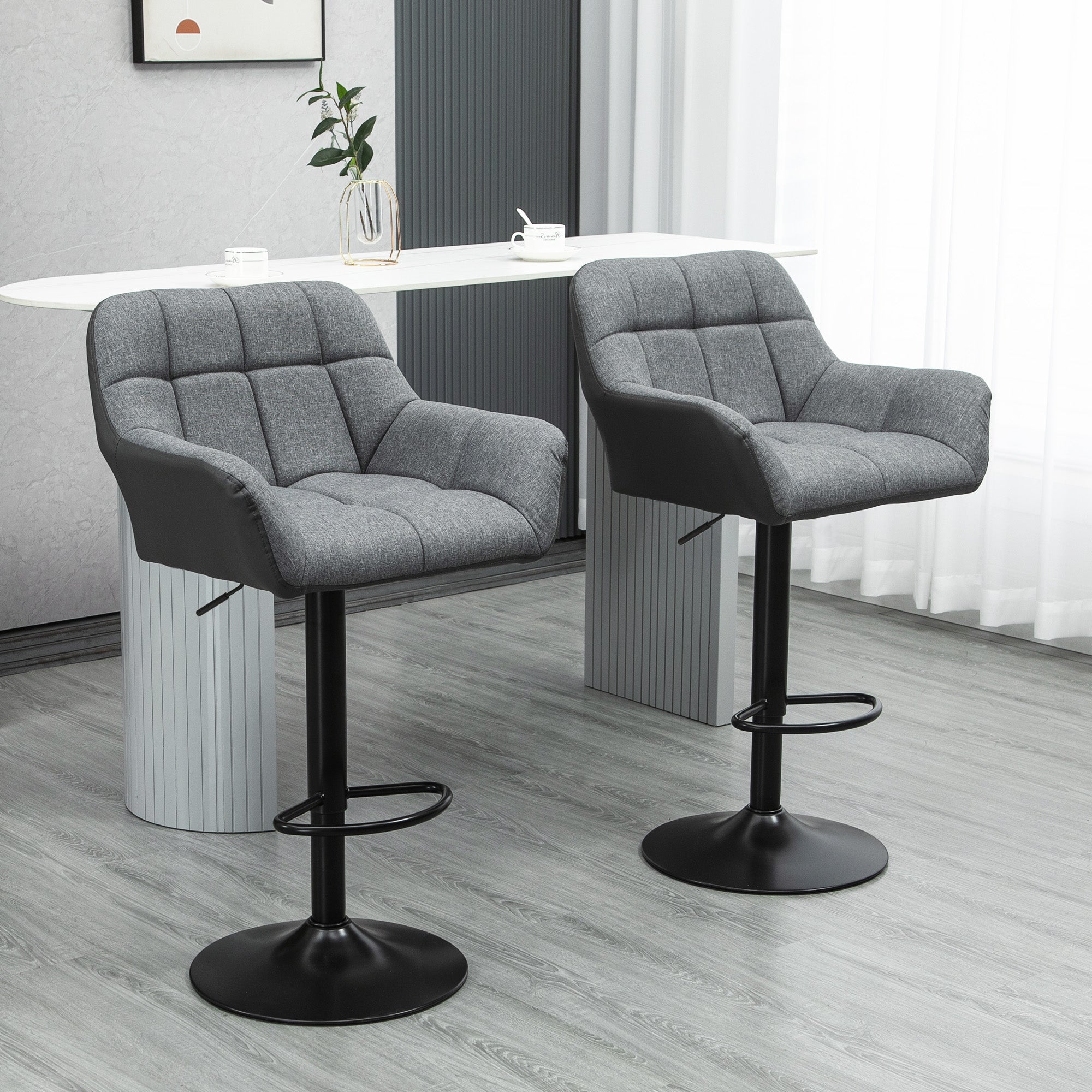 HOMCOM Adjustable Bar Stools Set of 2, Swivel Tufted Linen Fabric Barstools with Footrest and Armrests, Bar Chairs for Kitchen Counter and Dining Room, Grey