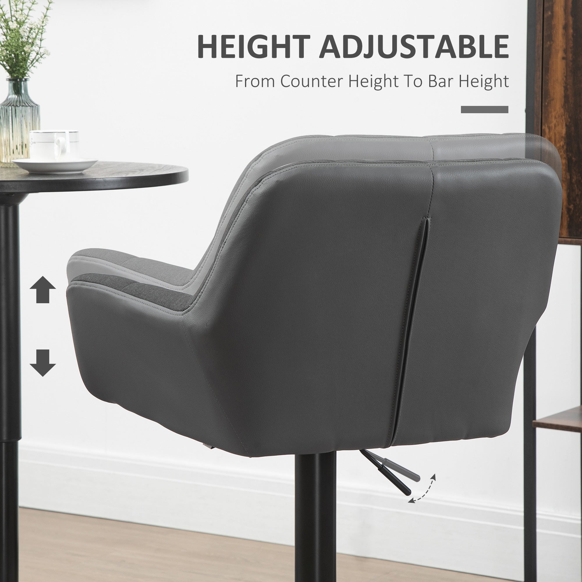 HOMCOM Adjustable Bar Stools Set of 2, Swivel Tufted Linen Fabric Barstools with Footrest and Armrests, Bar Chairs for Kitchen Counter and Dining Room, Grey
