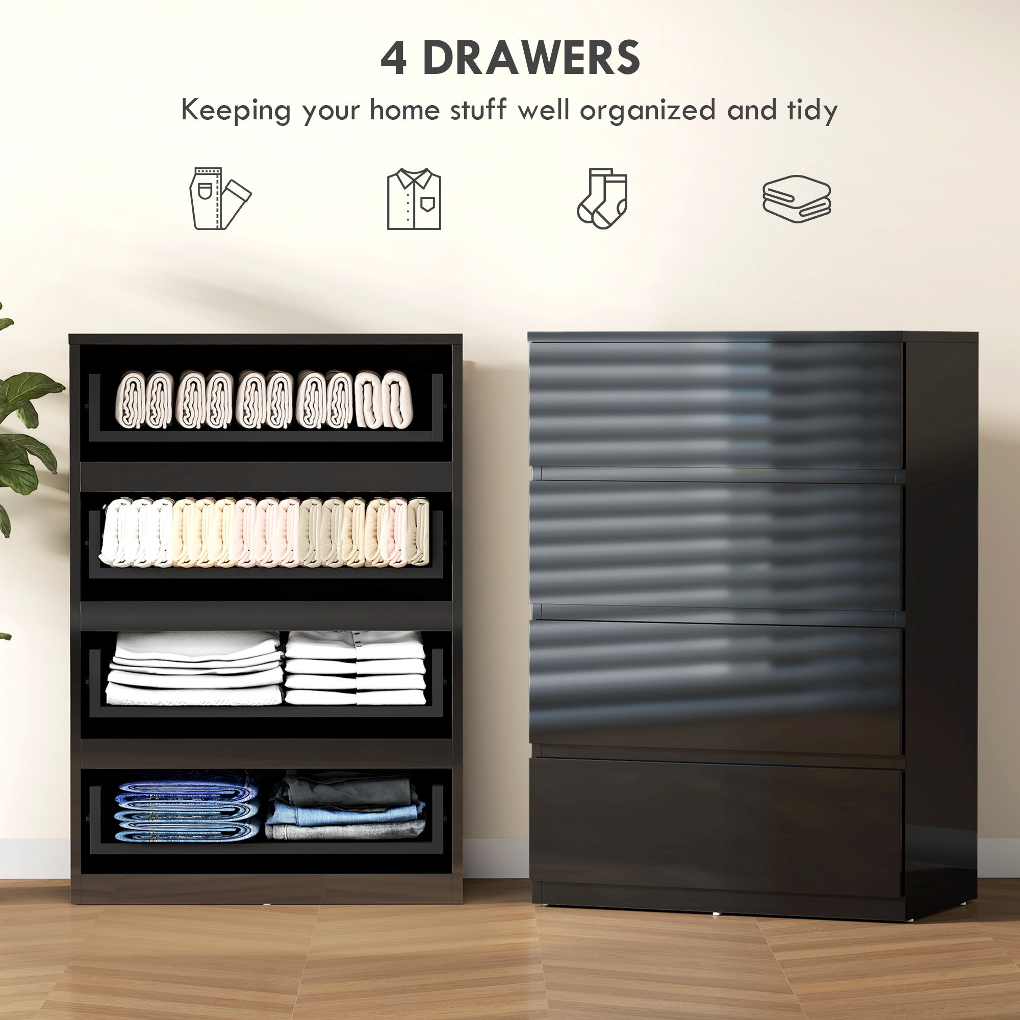 Chest of Drawers, 4 Drawers Storage Cabinet Floor Tower Cupboard for Bedroom Living Room, High Gloss Black