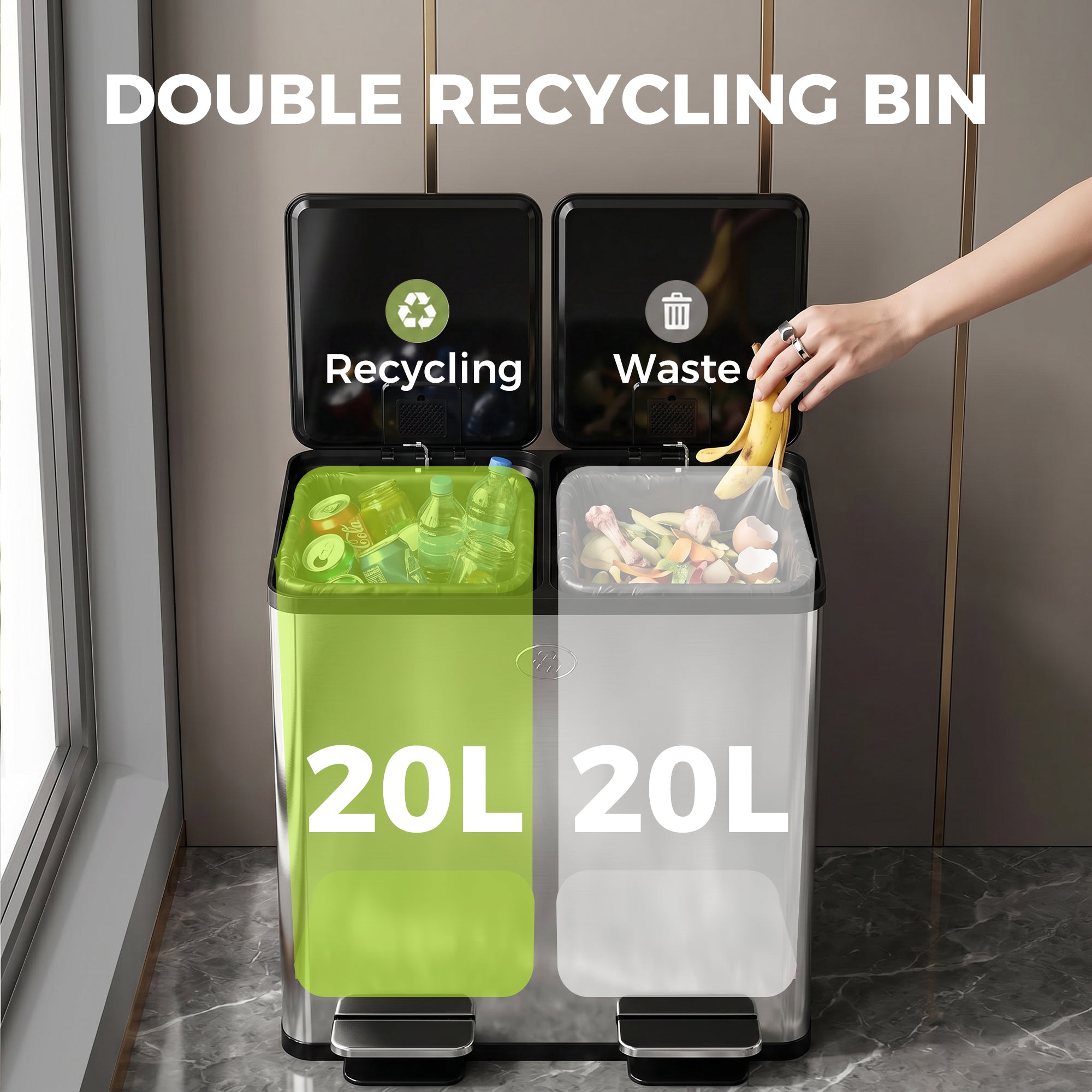 Trash Can, 2 x 5 Gallon Stainless Steel Garbage Can with Soft Close, Stay-Open Lid, Pedals, Inner Buckets and Deodorizer Compartment, Fingerprint-Proof, for Kitchen, Home Office, Silver