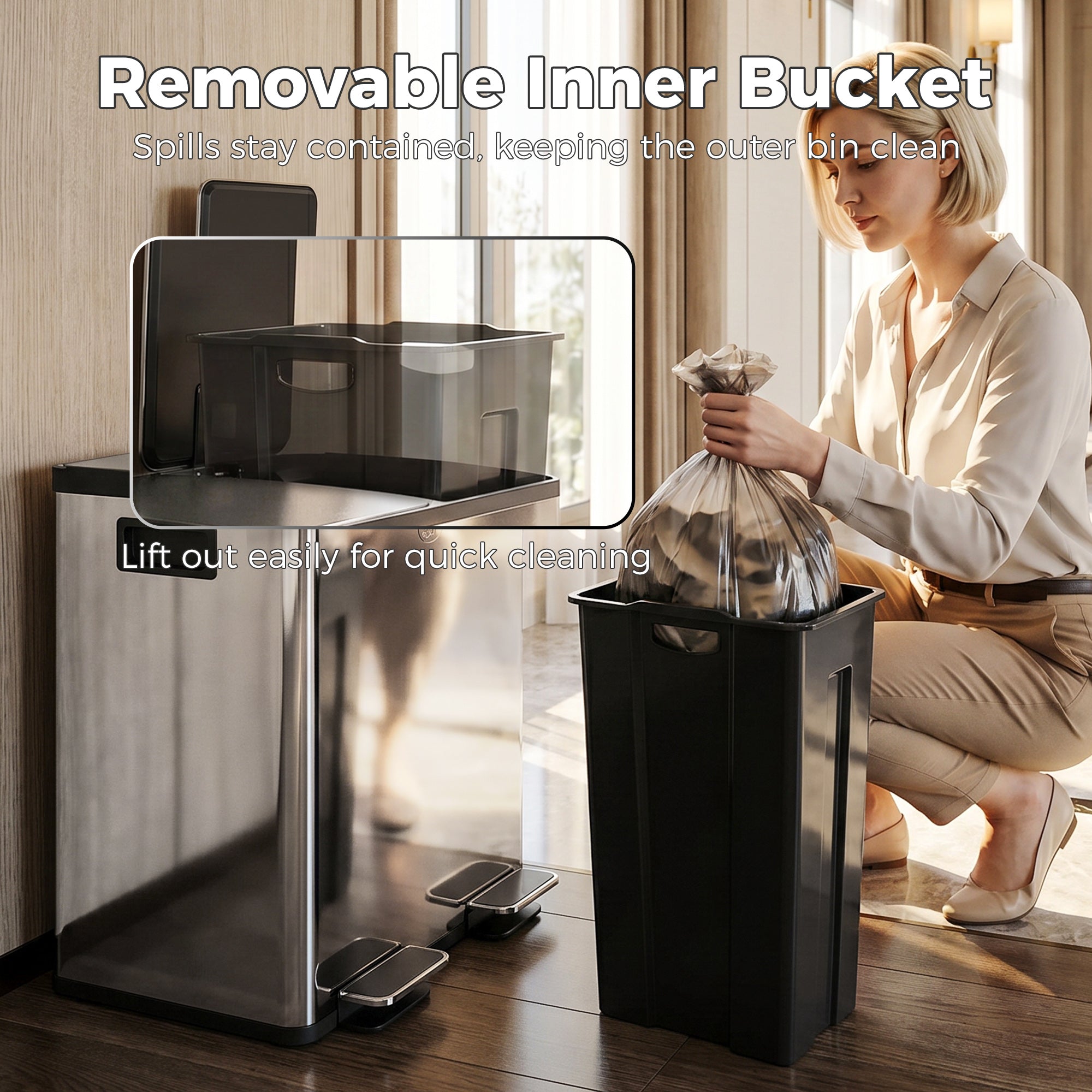 Trash Can, 2 x 5 Gallon Stainless Steel Garbage Can with Soft Close, Stay-Open Lid, Pedals, Inner Buckets and Deodorizer Compartment, Fingerprint-Proof, for Kitchen, Home Office, Silver