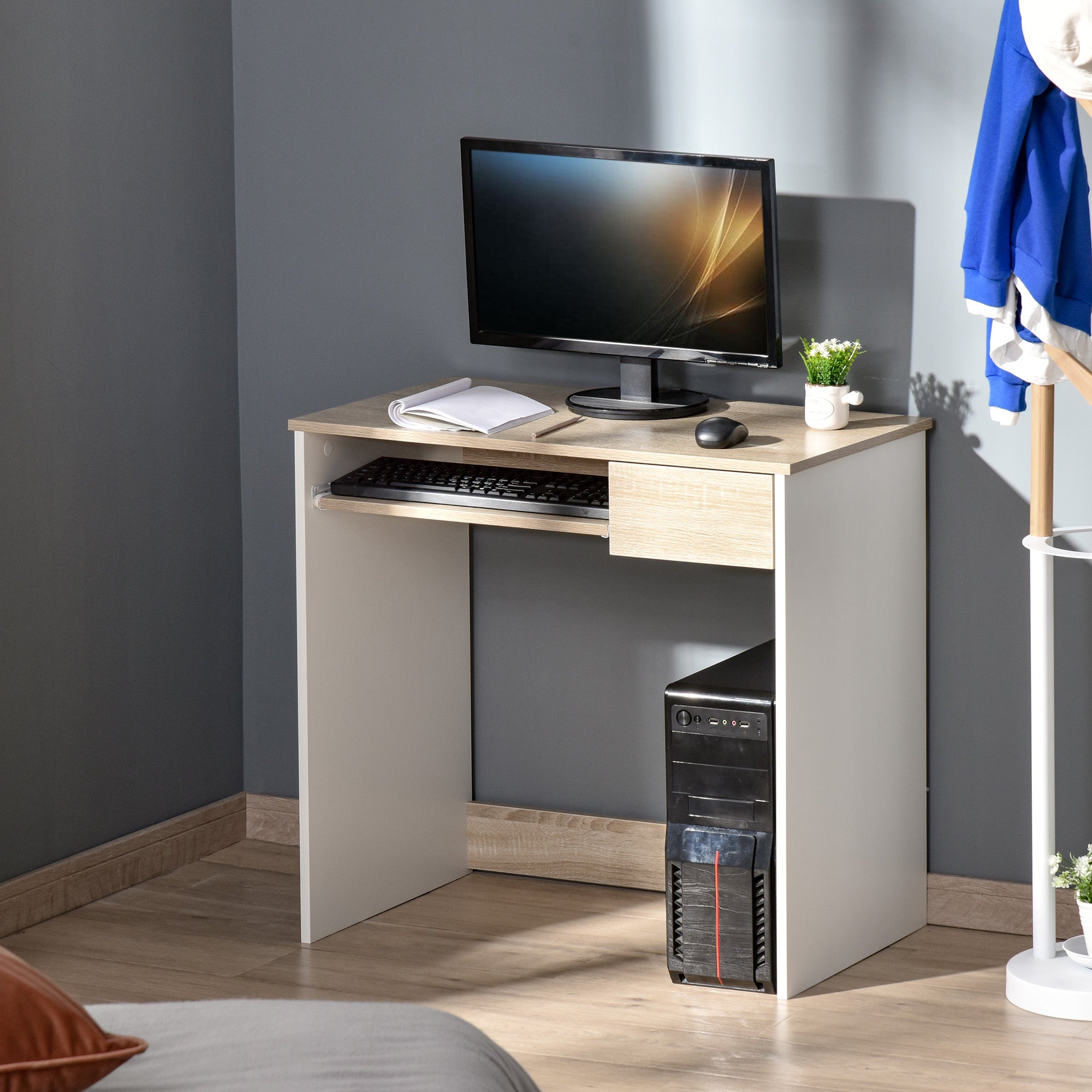 HOMCOM Compact Computer Table with Keyboard Tray Drawer Study Office Working Writing Desk, Oak Colour