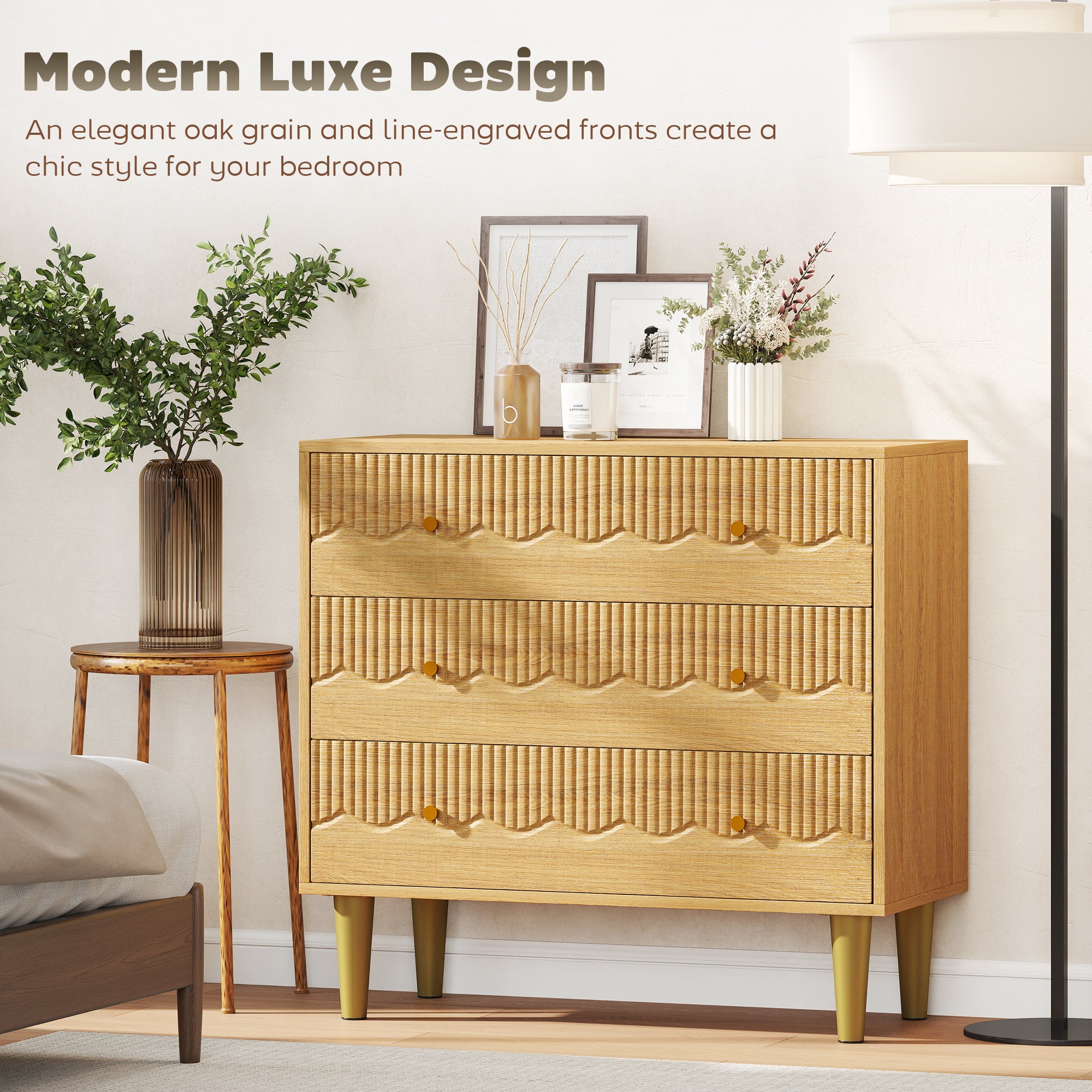 Chest of Drawers, 3 Drawer Dresser, Storage Cabinet with Steel Legs and Wooden Top for Bedroom, Living Room, Oak
