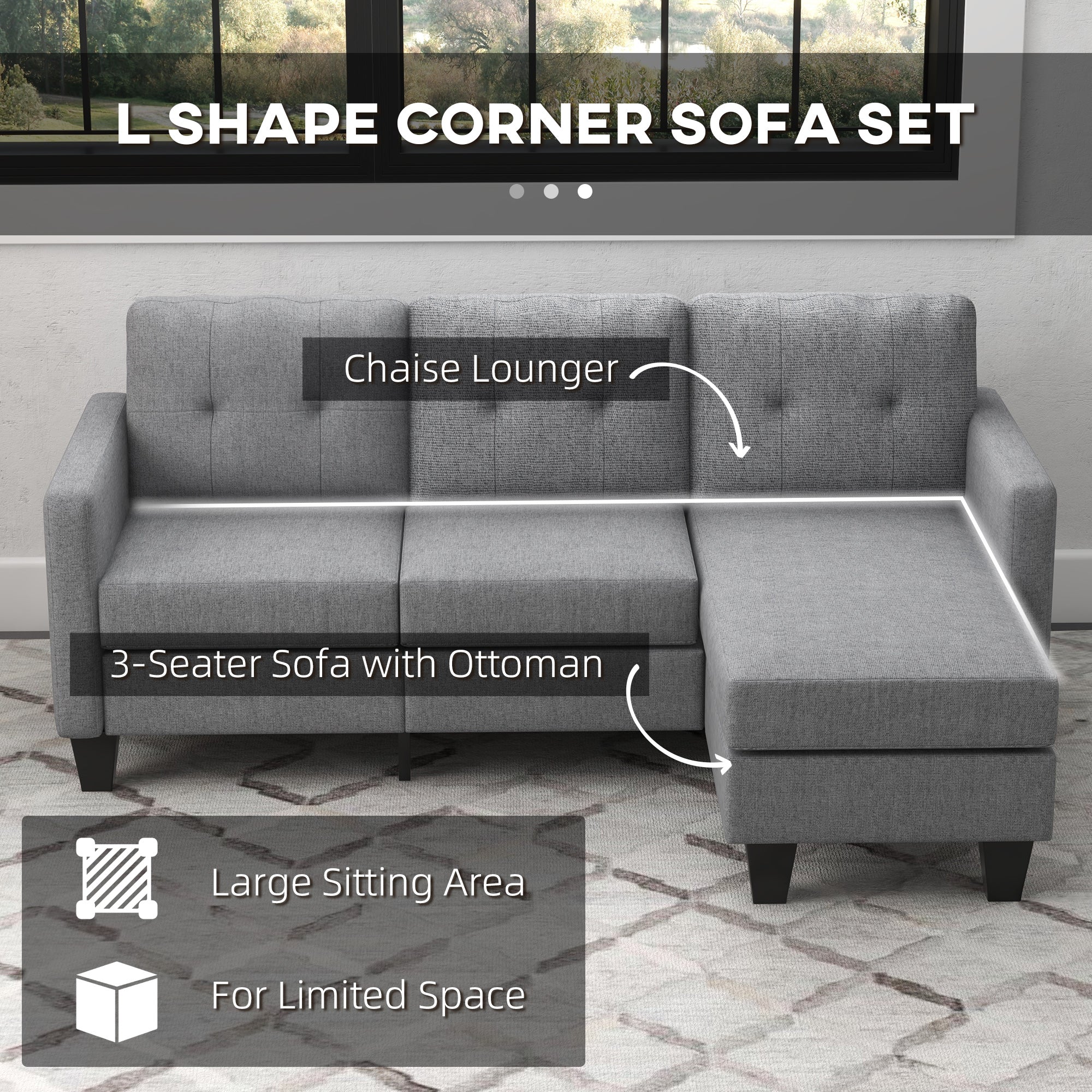 HOMCOM Modular Sectional Couch with Changeable Chaise, 3 Seater Corner Sofa with Ottoman, Fabric L Shape Sofa with Thick Padded Cushion for Living Room, Office, Light Grey