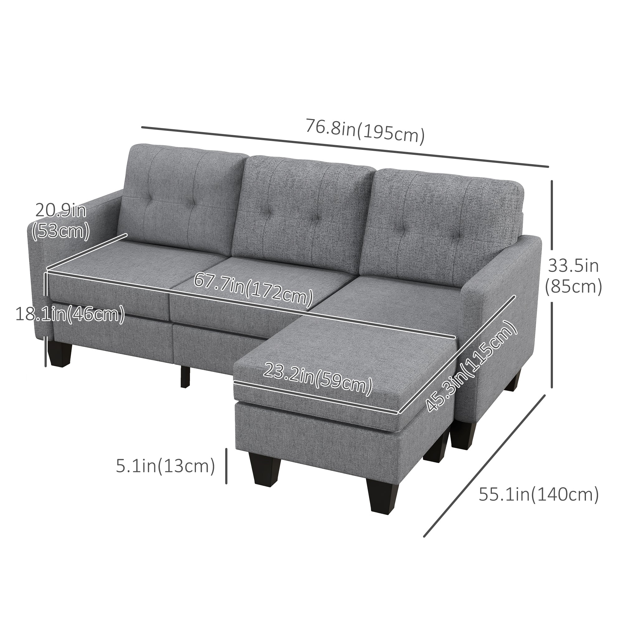 HOMCOM Modular Sectional Couch with Changeable Chaise, 3 Seater Corner Sofa with Ottoman, Fabric L Shape Sofa with Thick Padded Cushion for Living Room, Office, Light Grey