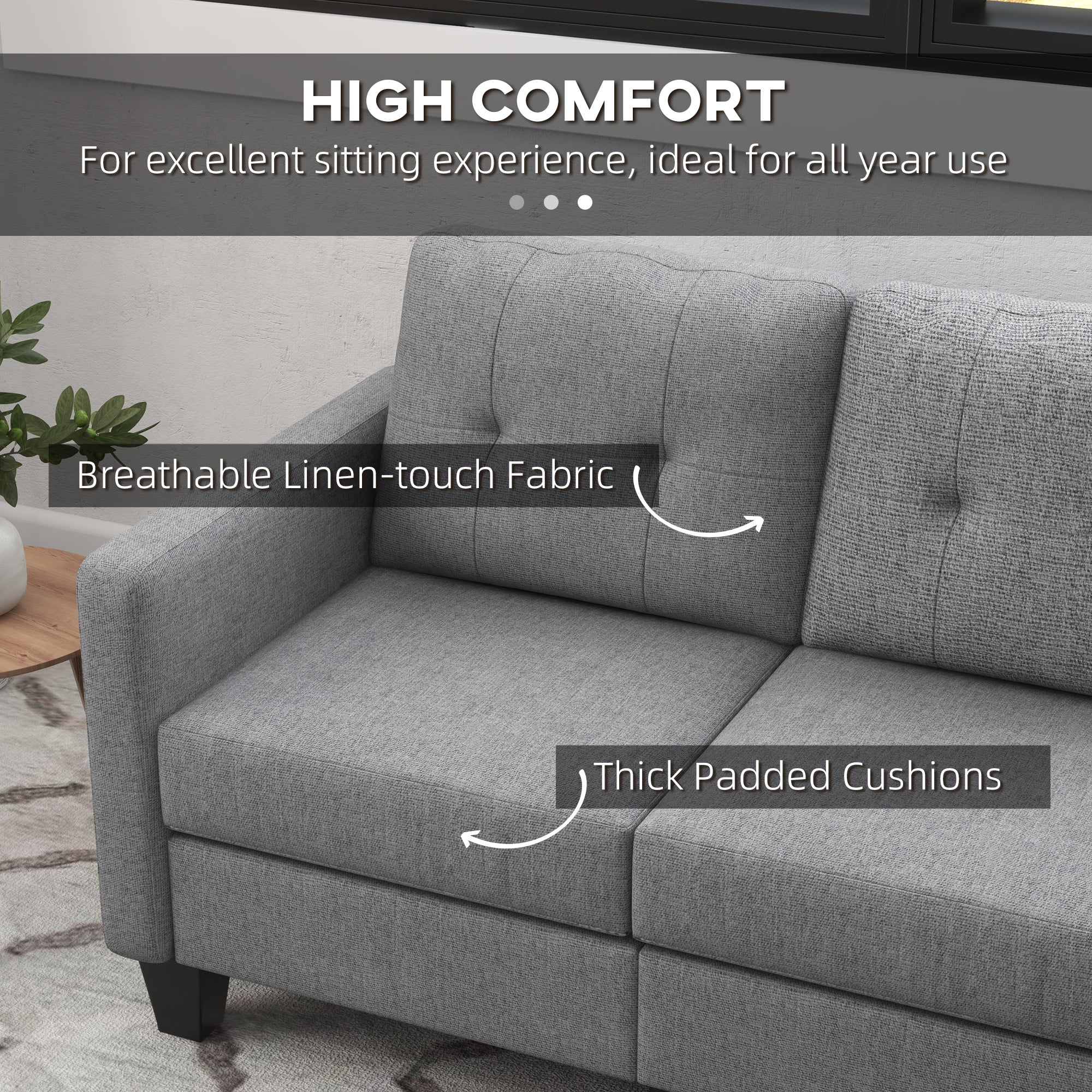 HOMCOM Modular Sectional Couch with Changeable Chaise, 3 Seater Corner Sofa with Ottoman, Fabric L Shape Sofa with Thick Padded Cushion for Living Room, Office, Light Grey