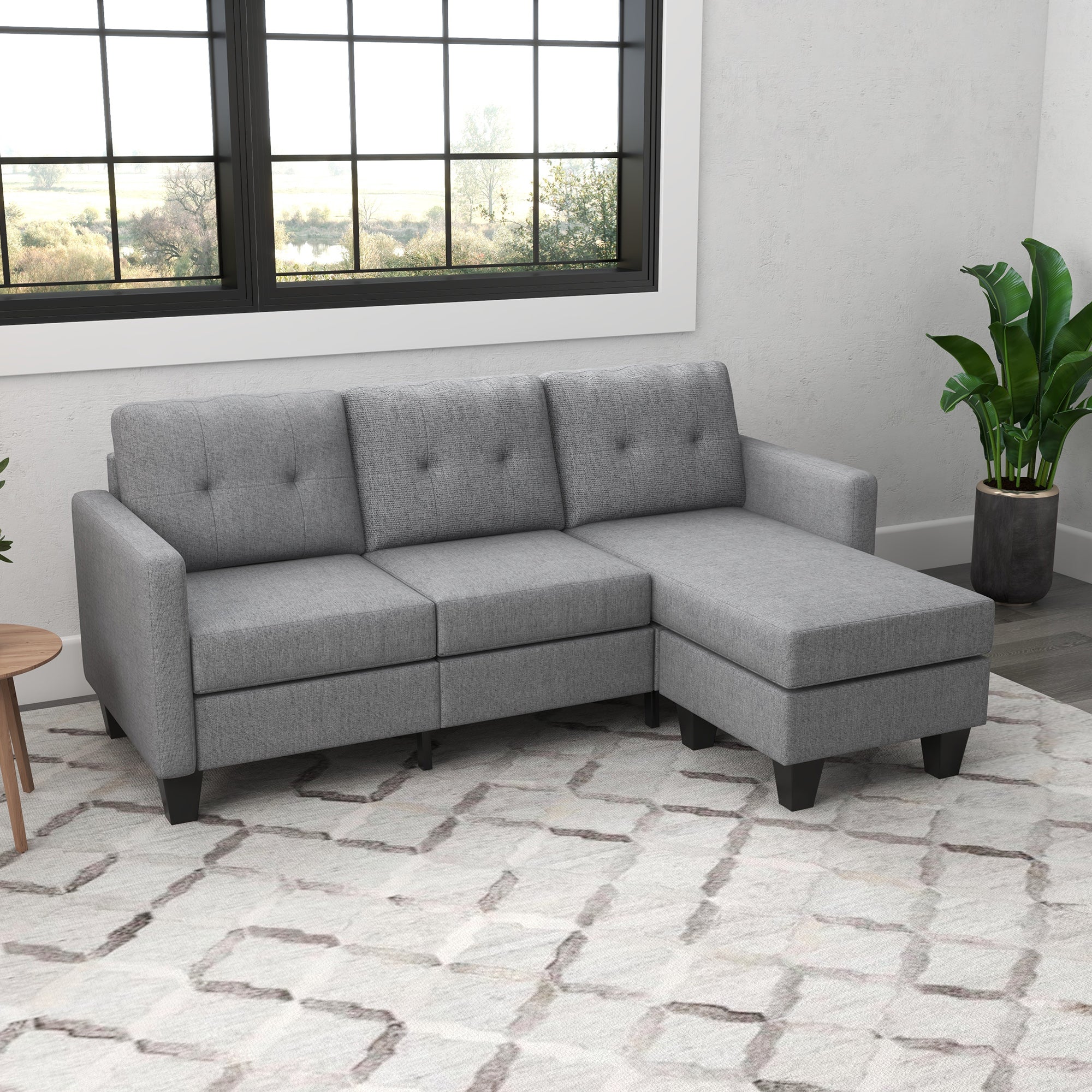 HOMCOM Modular Sectional Couch with Changeable Chaise, 3 Seater Corner Sofa with Ottoman, Fabric L Shape Sofa with Thick Padded Cushion for Living Room, Office, Light Grey