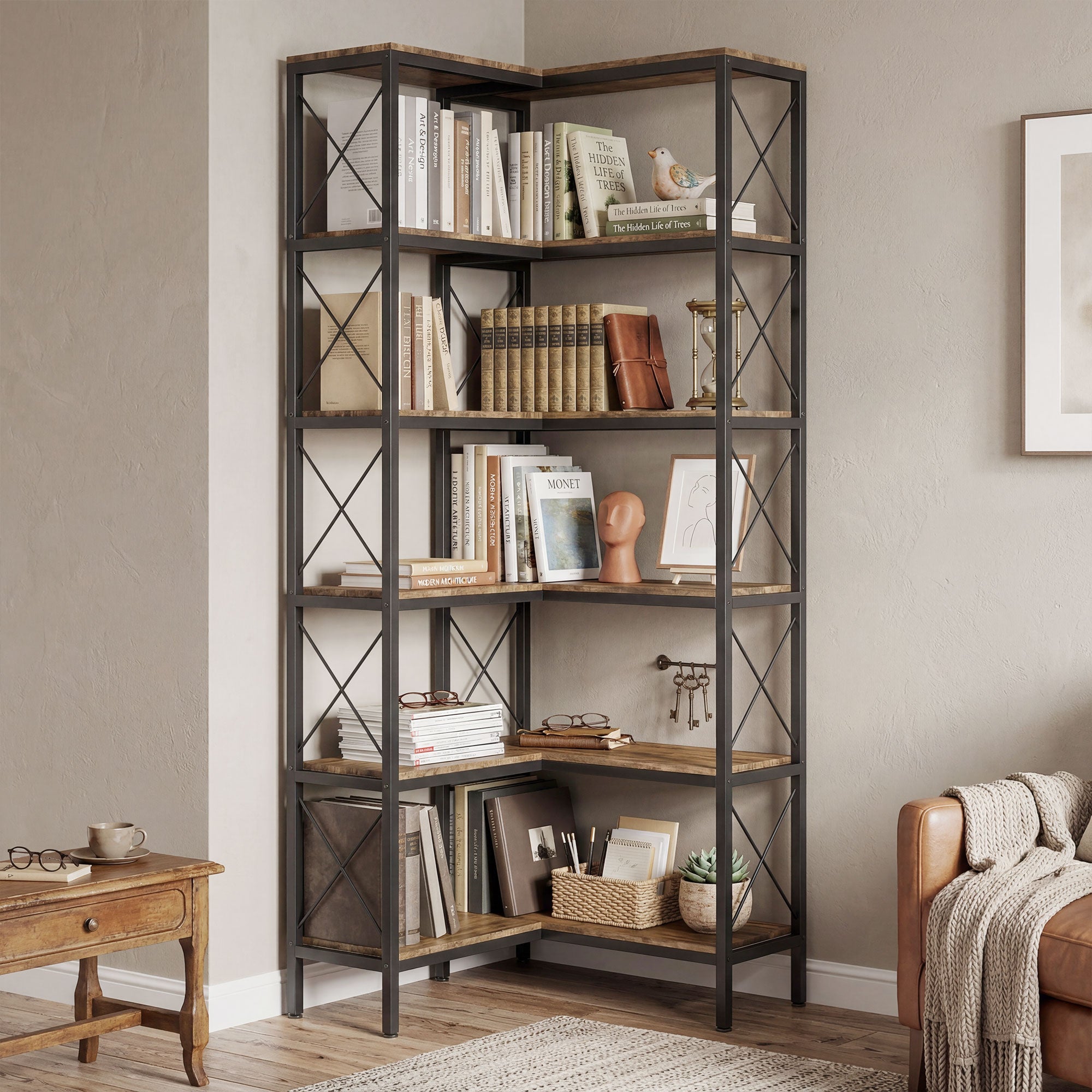 L-Shaped Bookshelf, 5-Tier Corner Bookcase, Freestanding Storage Shelf with Metal Frame for Living Room, Home Study, Rustic Brown