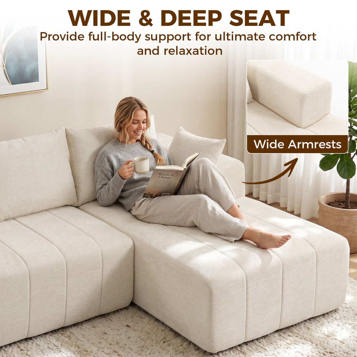 101" Modular Sectional Sofa with Chaise, Chenille Boneless Cloud Sofa Bed, 3 Seater L-Shaped Couch with Spring Cushion, Wide and Deep Seat, Wide Arms, No Assembly, Beige