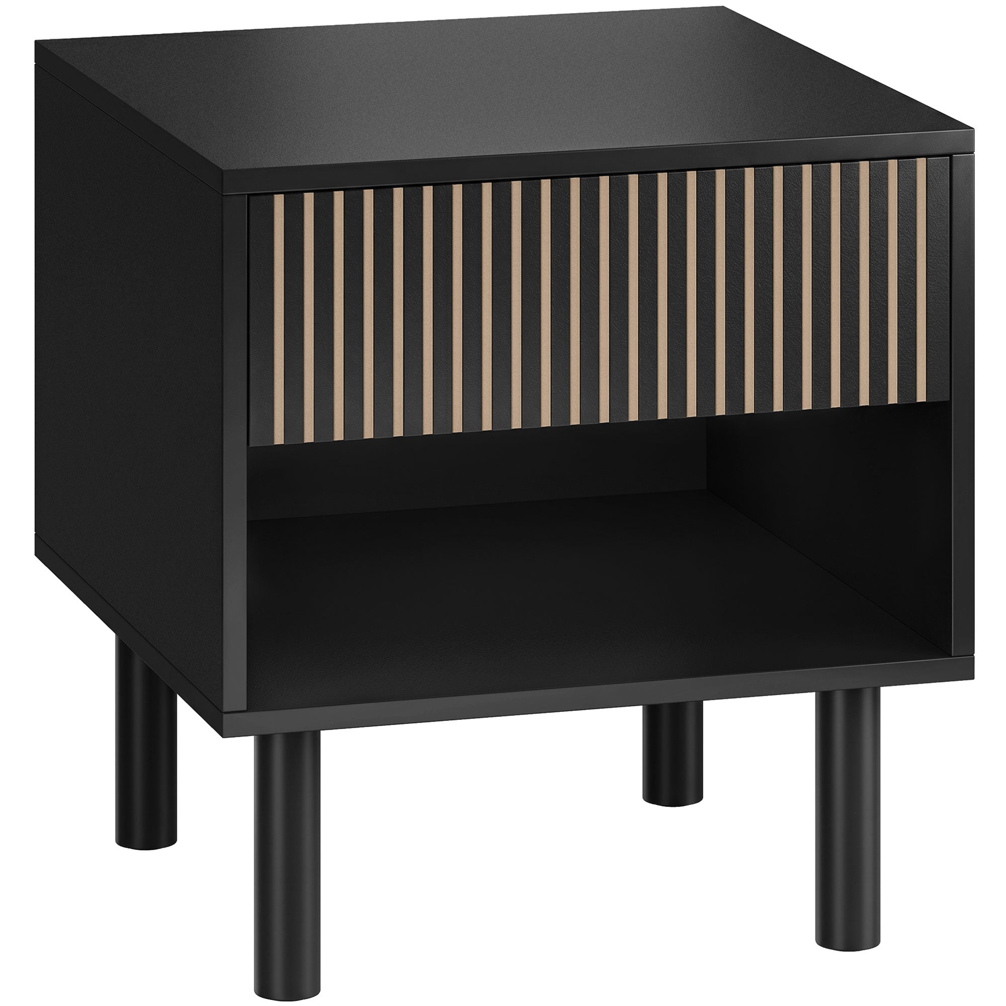 Modern Nightstand, Bedside Table with Drawer and Open Shelf, Side End Table for Bedroom, Black