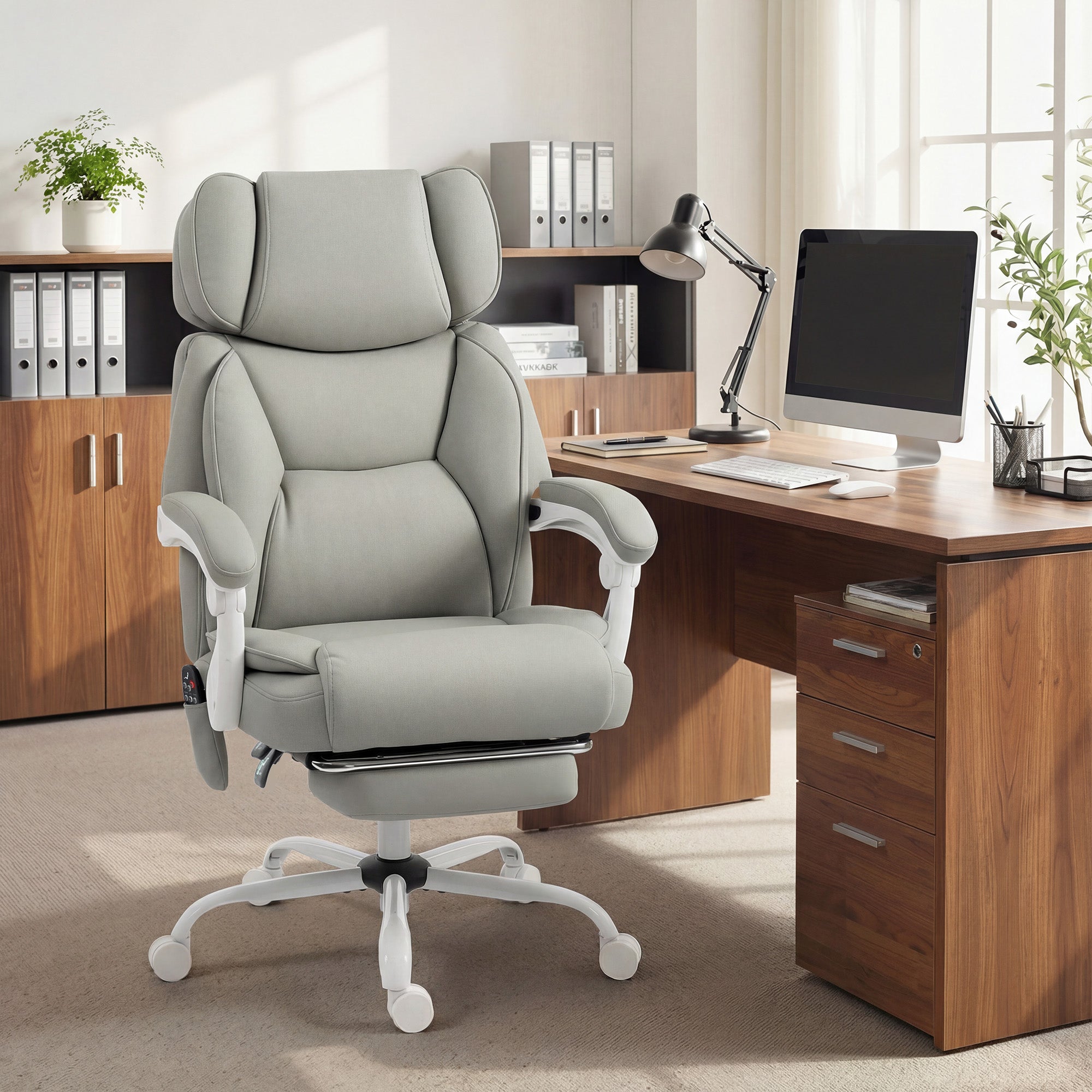 High Back Vibration Massage Office Chair, Heated Reclining PU Leather Computer Chair with Headrest, Footrest, Padded Armrests, Adjustable Height, Swivel Wheels, Remote, Light Gray