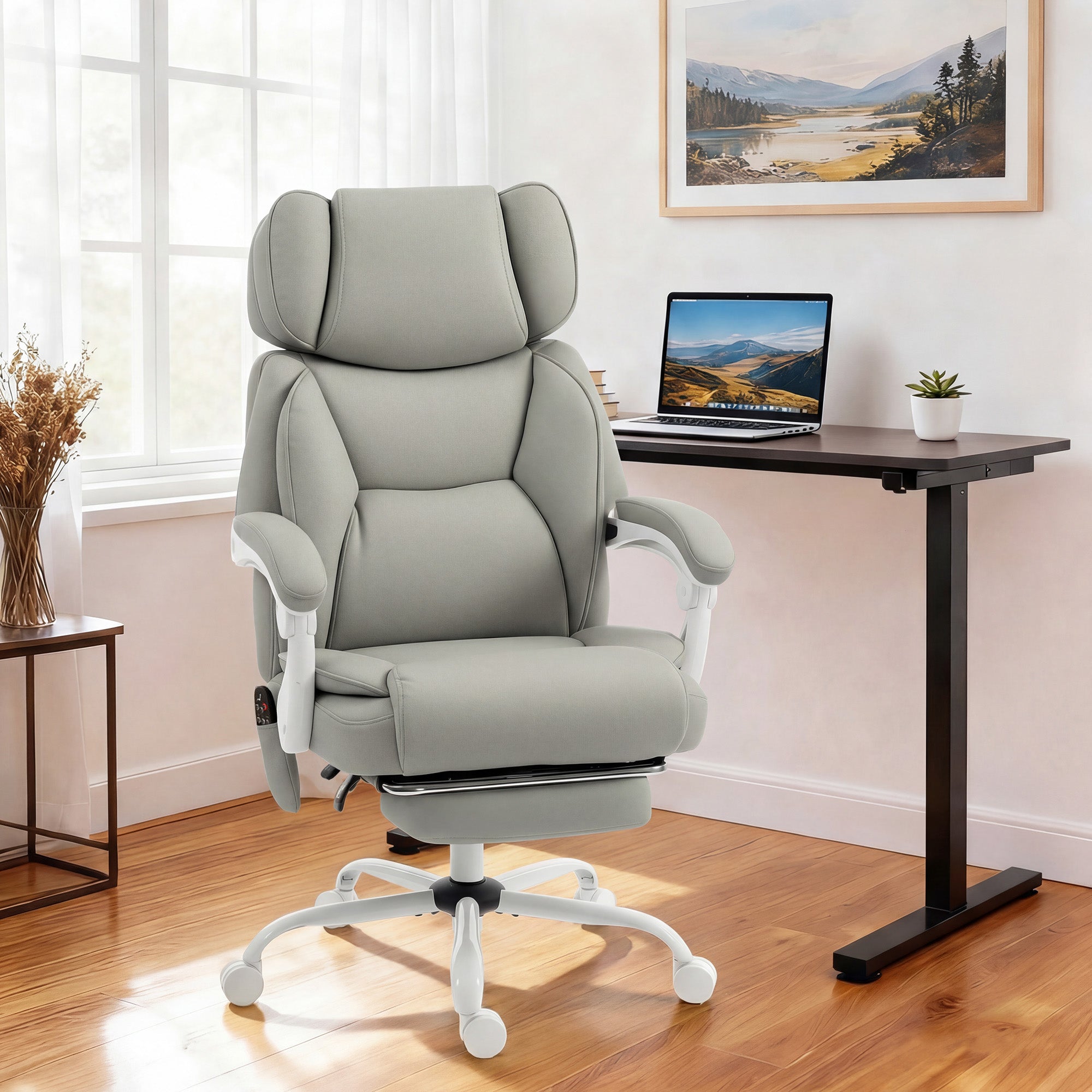 High Back Vibration Massage Office Chair, Heated Reclining PU Leather Computer Chair with Headrest, Footrest, Padded Armrests, Adjustable Height, Swivel Wheels, Remote, Light Gray