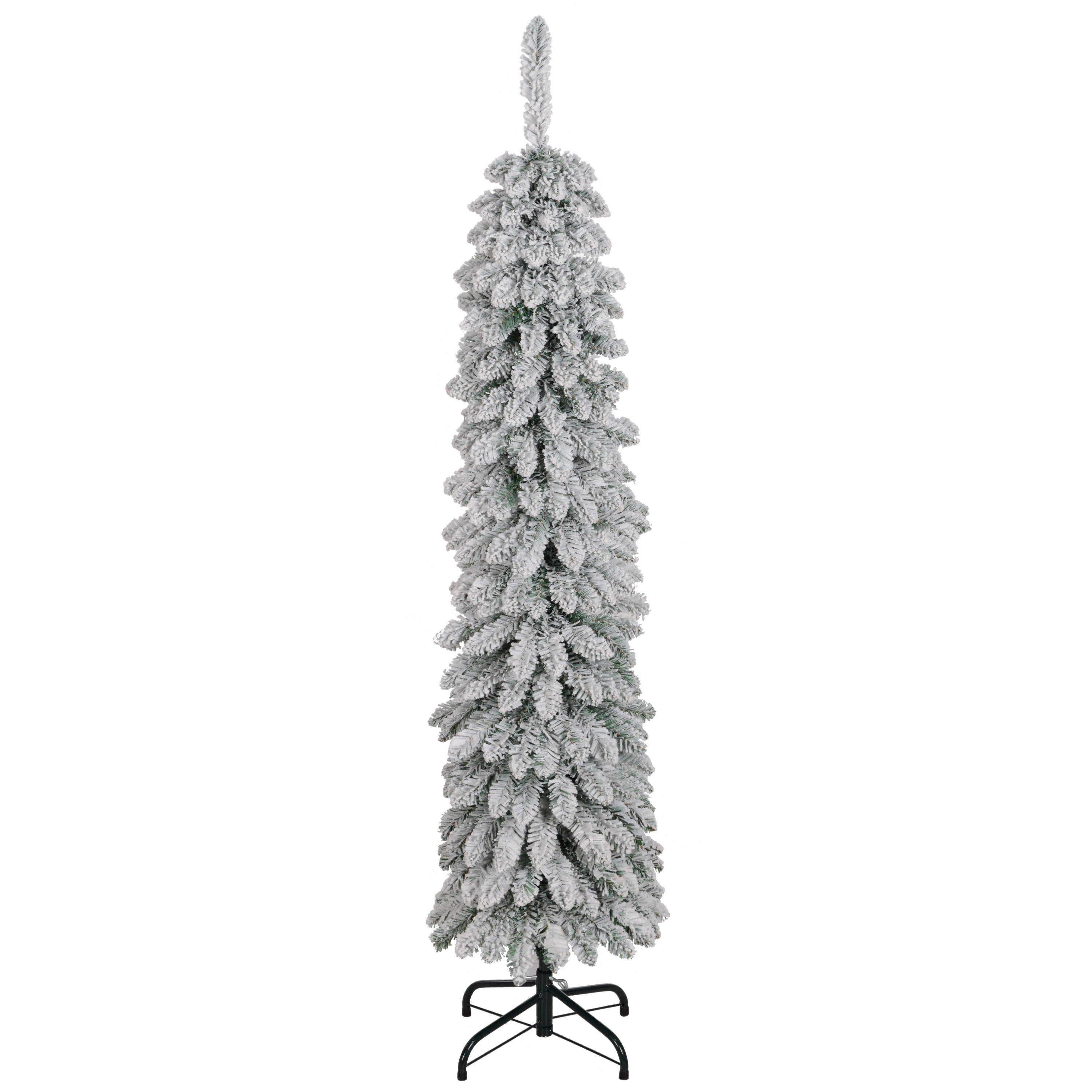 5' Tall Unlit Snow-Flocked Artificial Christmas Tree, Slim Pencil Xmas Tree with Realistic Branches and 301 Tips, Green