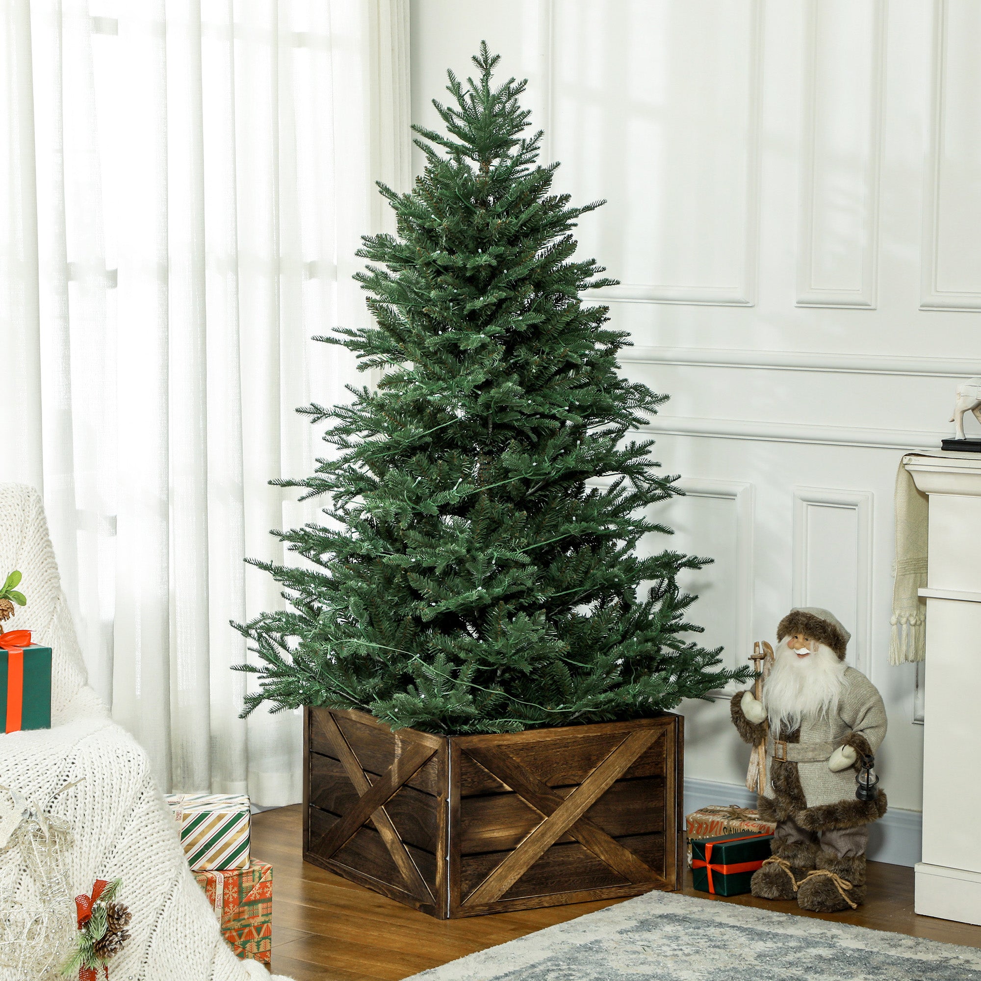 24" Farmhouse Christmas Tree Base Cover Wooden Christmas Tree Collar Box Home Decoration, Dark Distressed Wood Finish