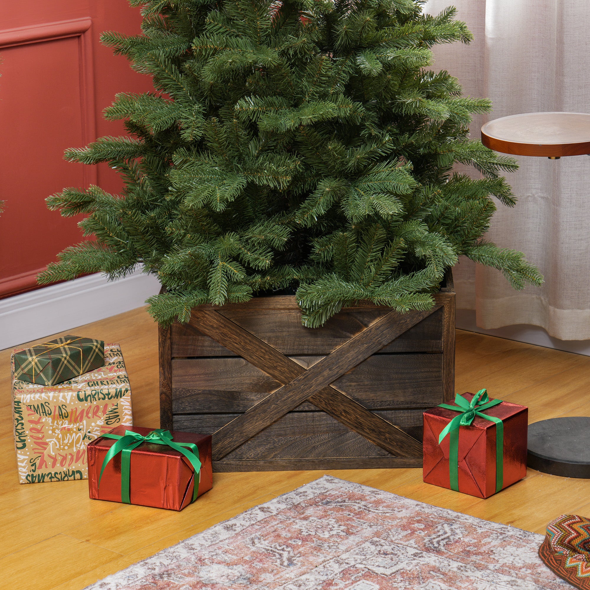 24" Farmhouse Christmas Tree Base Cover Wooden Christmas Tree Collar Box Home Decoration, Dark Distressed Wood Finish