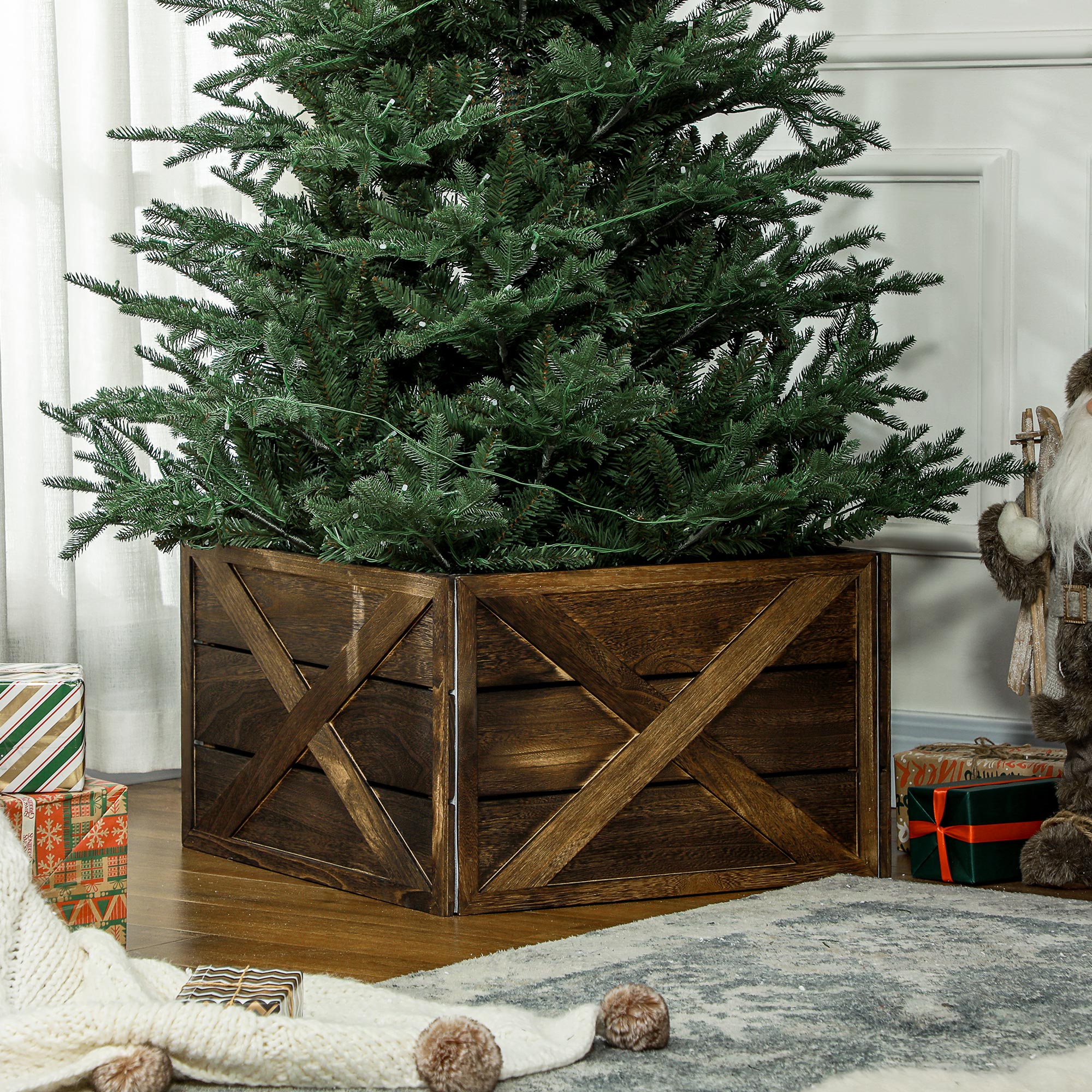 24" Farmhouse Christmas Tree Base Cover Wooden Christmas Tree Collar Box Home Decoration, Dark Distressed Wood Finish