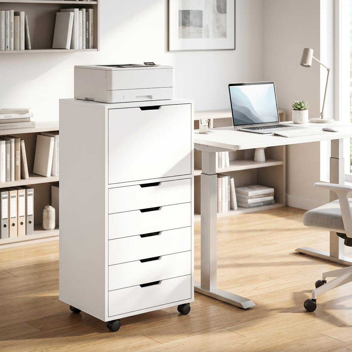 5 Drawer Vertical File Cabinet with Lockable Wheels and Soft-Close Cabinet, Mobile Filing Cabinet for Home Office, Rolling Printer Stand for A4 Letter-Size Documents, White