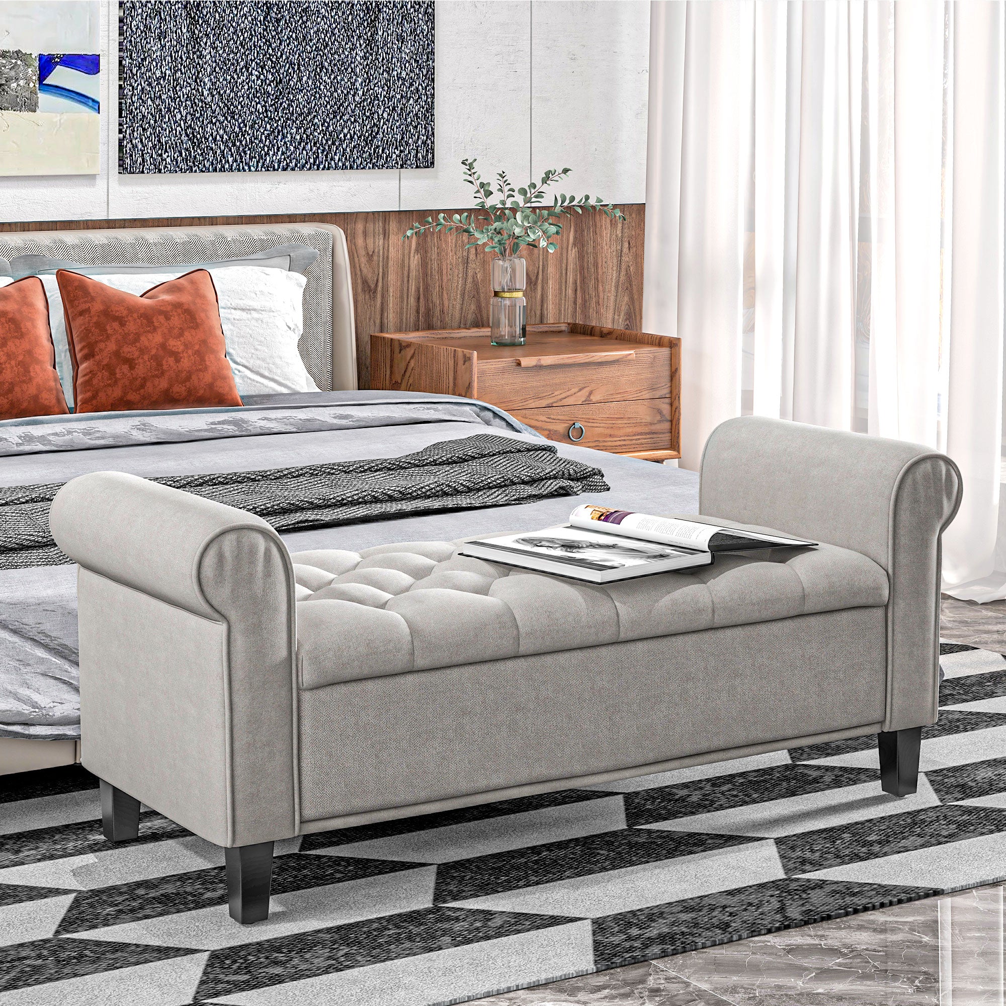 50 Inches Storage Ottoman, End of Bed Bench with Rolled Arms, Wood Legs, Button Tufted Storage Bench, Gray