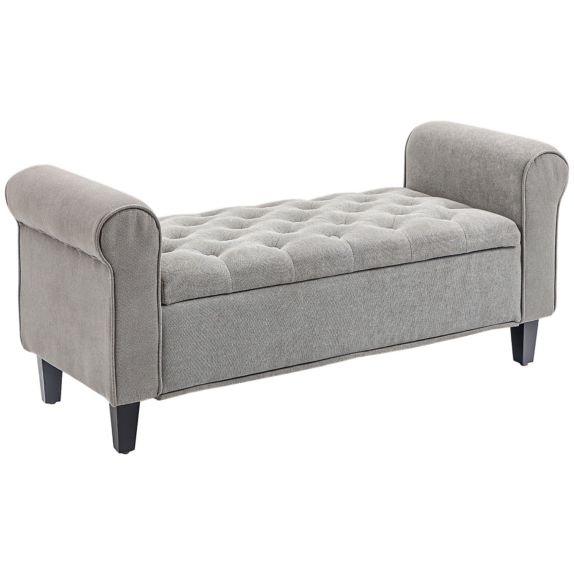 50 Inches Storage Ottoman, End of Bed Bench with Rolled Arms, Wood Legs, Button Tufted Storage Bench, Gray