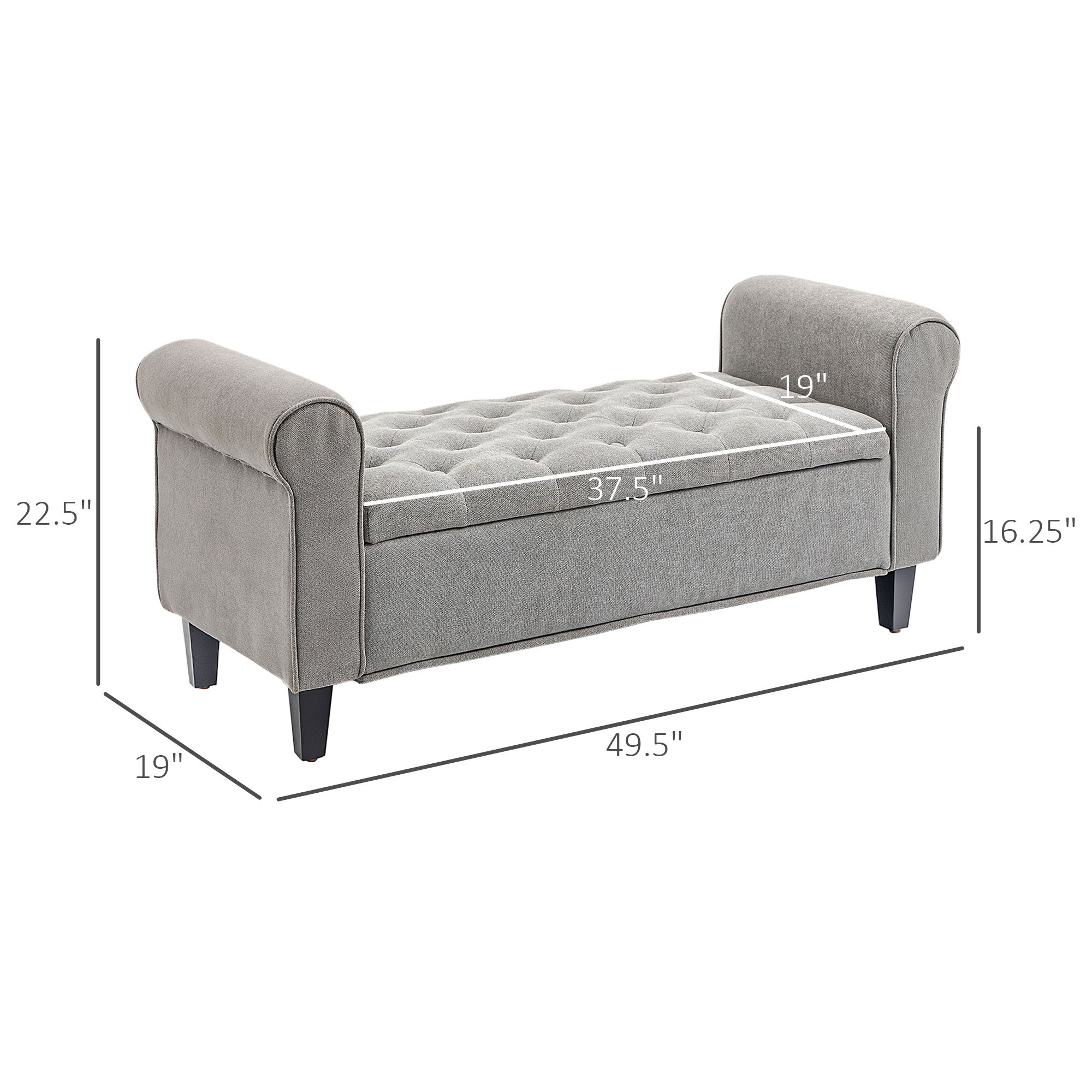 50 Inches Storage Ottoman, End of Bed Bench with Rolled Arms, Wood Legs, Button Tufted Storage Bench, Gray