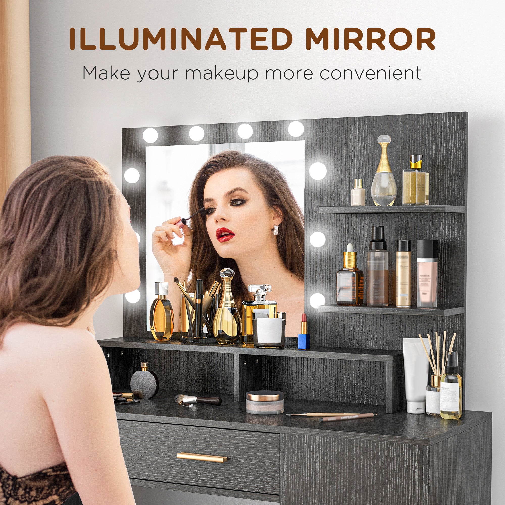 HOMCOM Vanity Desk with Mirror and Lights, Makeup Vanity Set with 10 LED Bulbs, Dressing Table with Stool, Drawer, Cabinet and 3 Open Shelves for Bedroom, Black