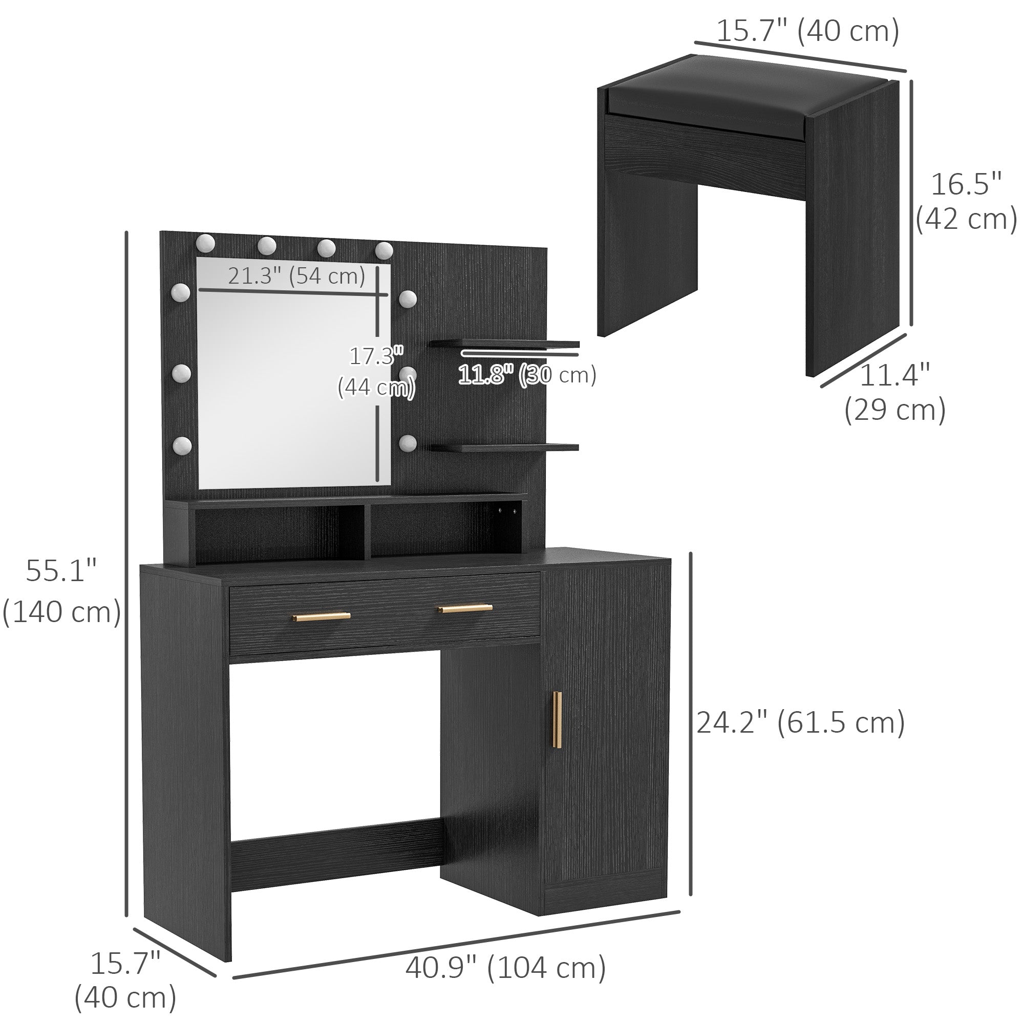 HOMCOM Vanity Desk with Mirror and Lights, Makeup Vanity Set with 10 LED Bulbs, Dressing Table with Stool, Drawer, Cabinet and 3 Open Shelves for Bedroom, Black