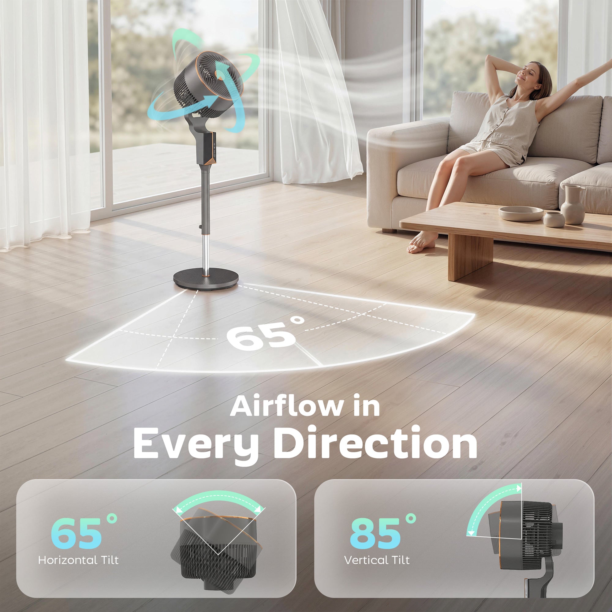 20 dB Silent Standing Fan for Bedroom, 46" Pedestal Fan with 65° Oscillating, 85° Vertical Tilt, 8 Speeds, Remote Control, 12H Timer, Adjustable Height, Grey