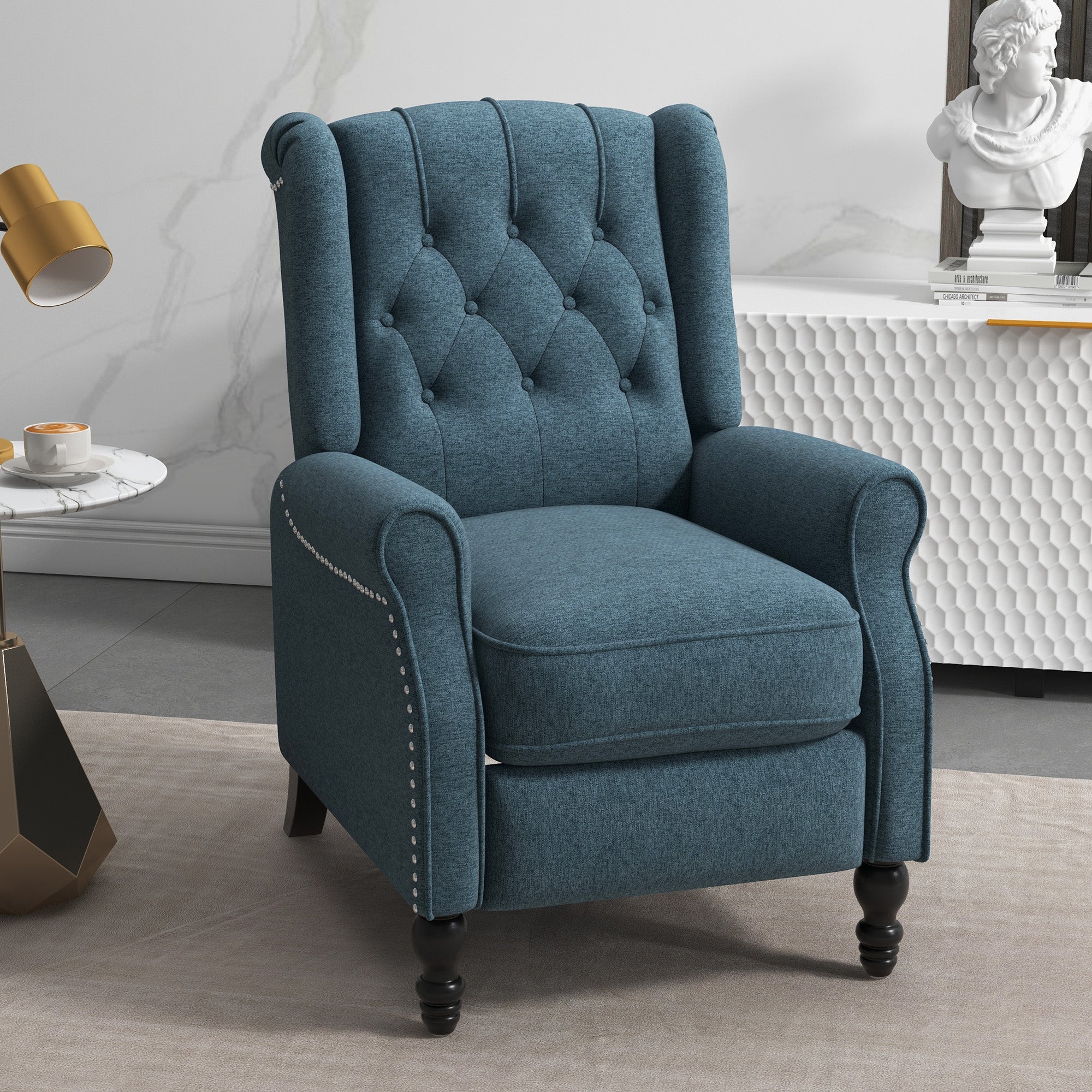 HOMCOM Fabric Recliner Chair for Living Room, Push Back Reclining Chair with Wingback, Button Tufted, Nail Head Trim, Footrest, Blue
