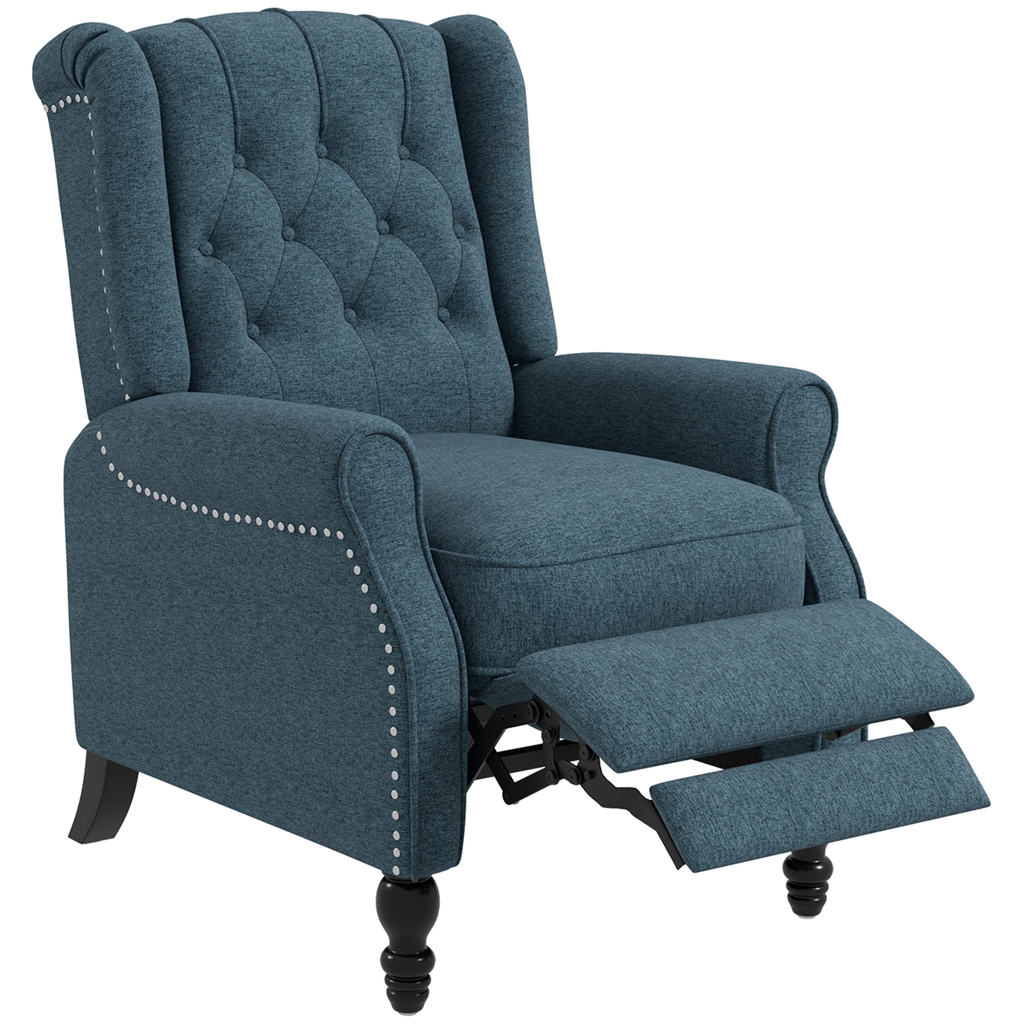 HOMCOM Fabric Recliner Chair for Living Room, Push Back Reclining Chair with Wingback, Button Tufted, Nail Head Trim, Footrest, Blue