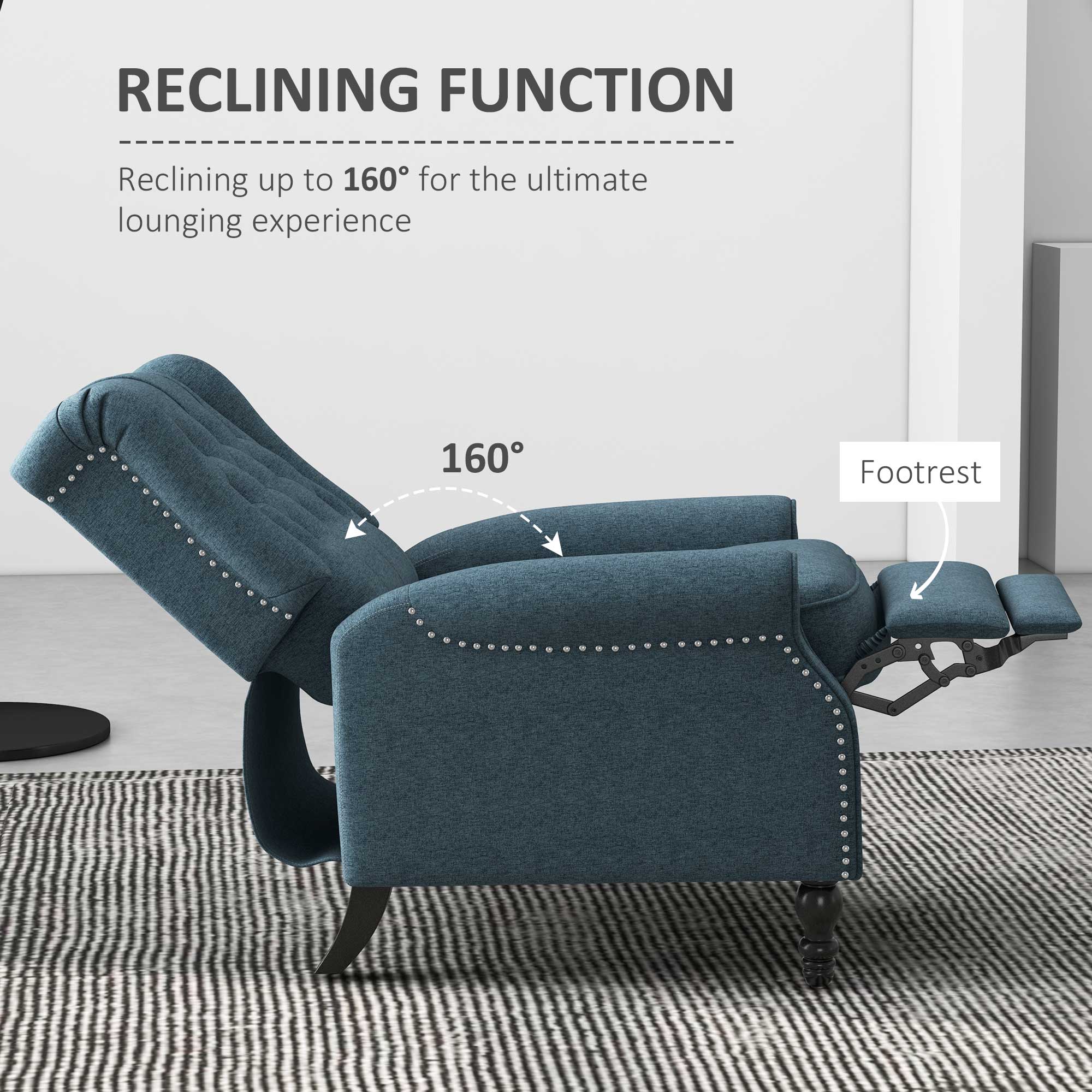 HOMCOM Fabric Recliner Chair for Living Room, Push Back Reclining Chair with Wingback, Button Tufted, Nail Head Trim, Footrest, Blue