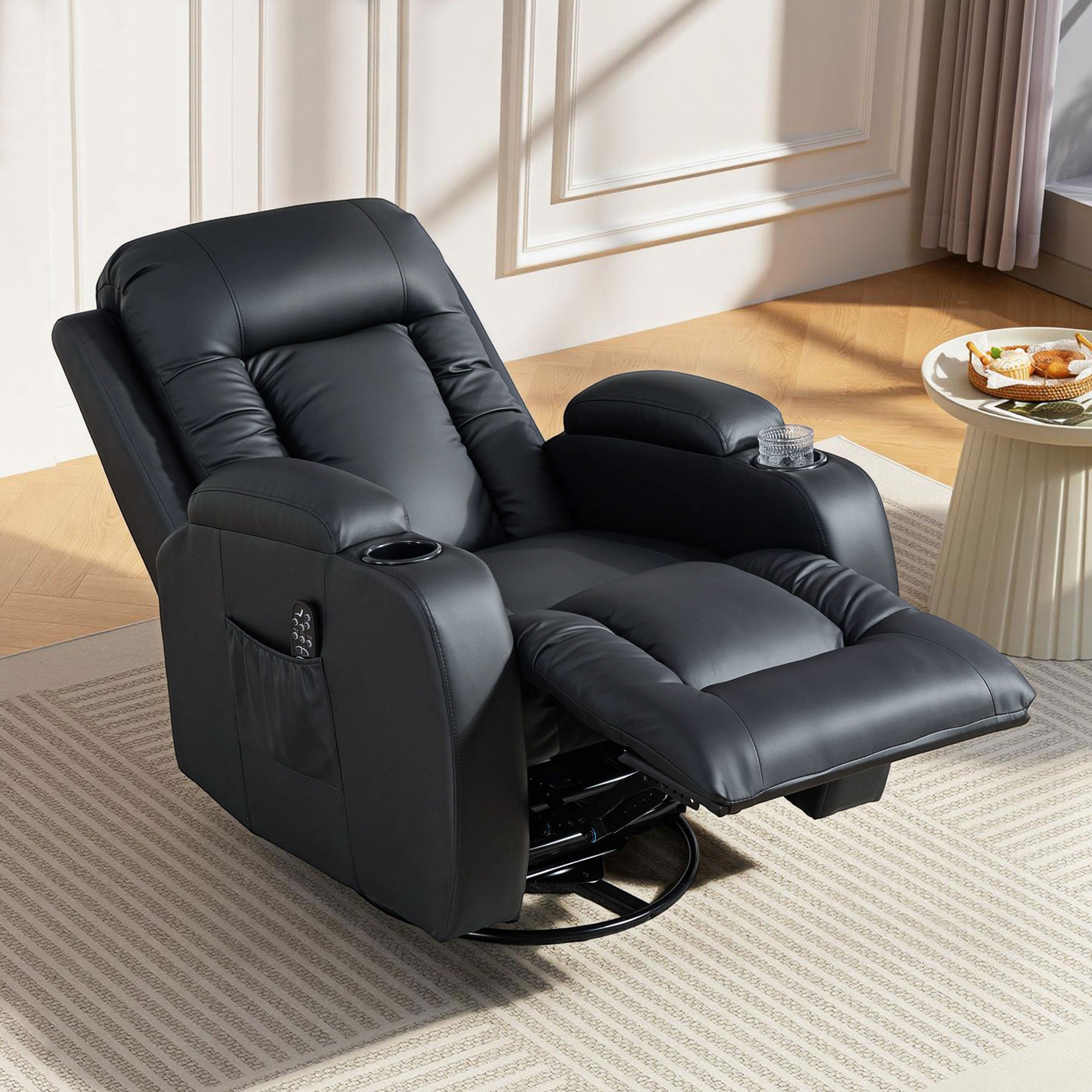 Recliner Armchair with Massage & Heat, PU Leather Recliner Chair with Extended Footrest, Cup Holders and Side Pockets, Swivel Rocking Manual Reclining Chair for Living Room, Black