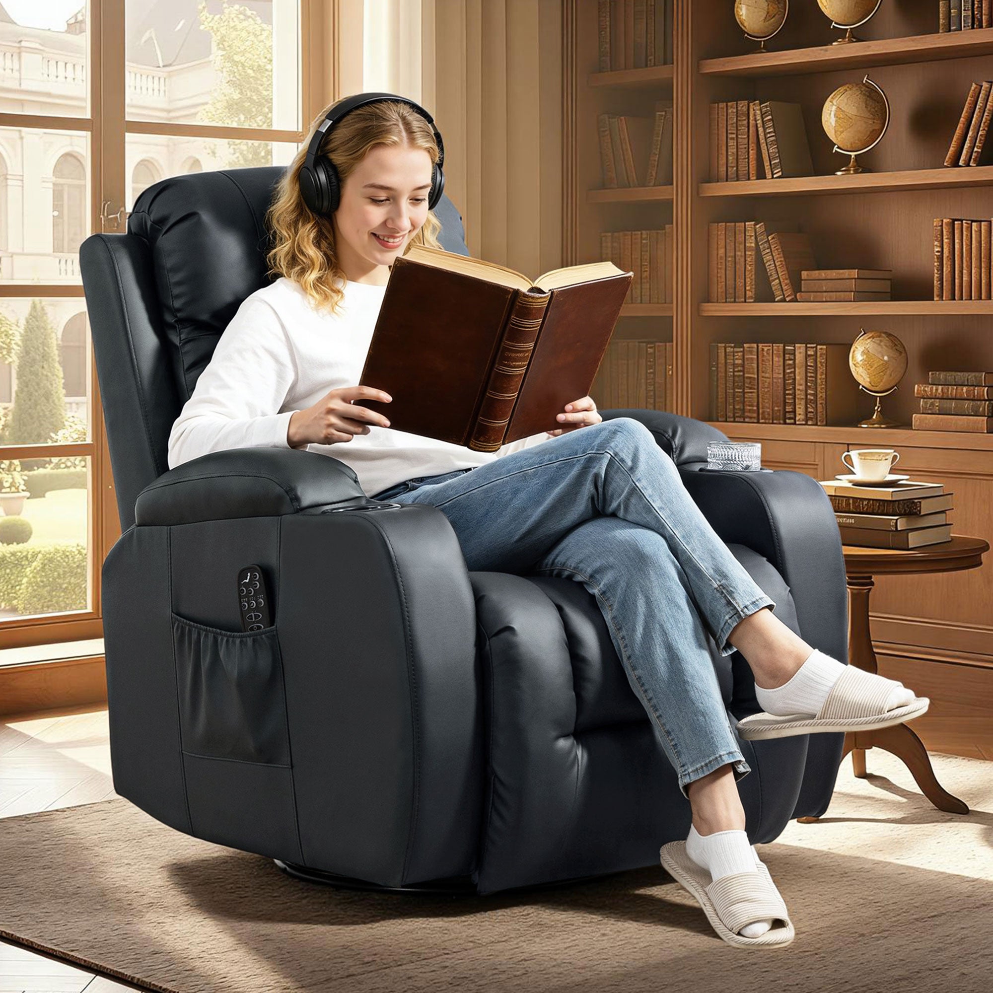 Recliner Armchair with Massage & Heat, PU Leather Recliner Chair with Extended Footrest, Cup Holders and Side Pockets, Swivel Rocking Manual Reclining Chair for Living Room, Black