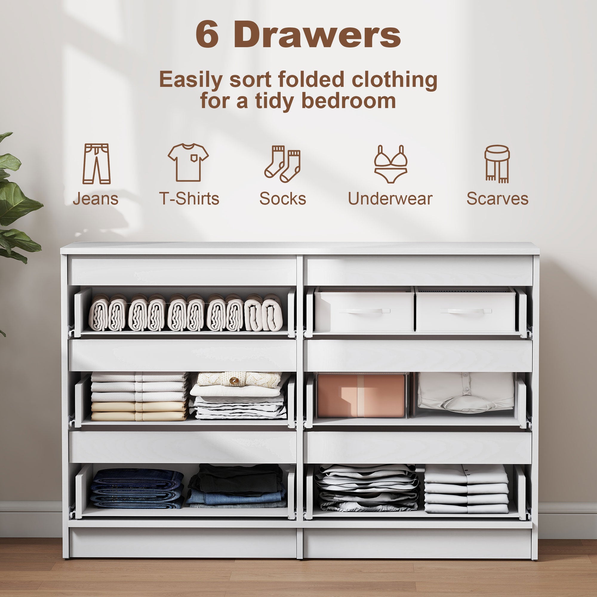 6 Drawer Dresser for Bedroom, Wide Chest of Drawers, Modern Clothes Storage Organizer for Living Room, Hallway, White