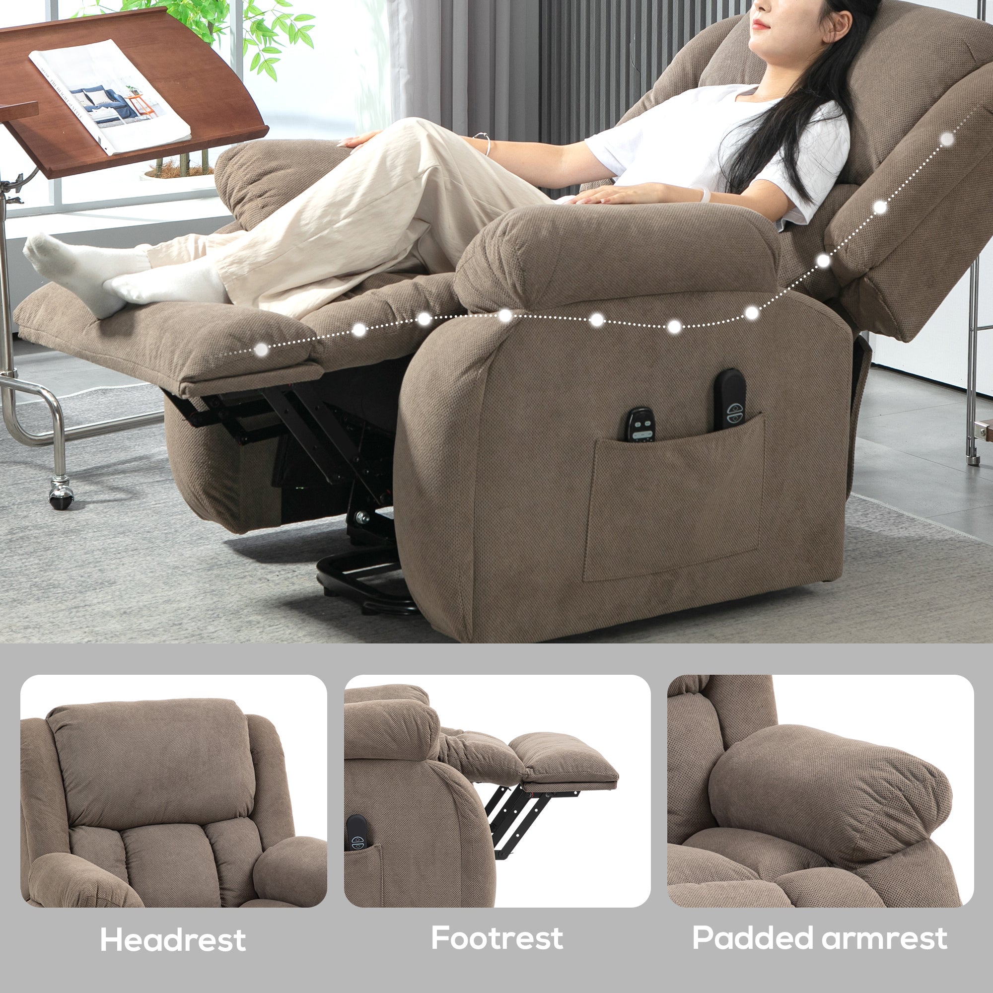 Recliner Armchair Lift Chair with Vibration Massage and Heat, Velvet-feel Fabric Electric Riser Recliner Chair for Elderly with Wide Seat, USB Port, Side Pockets for Living Room, Light Brown