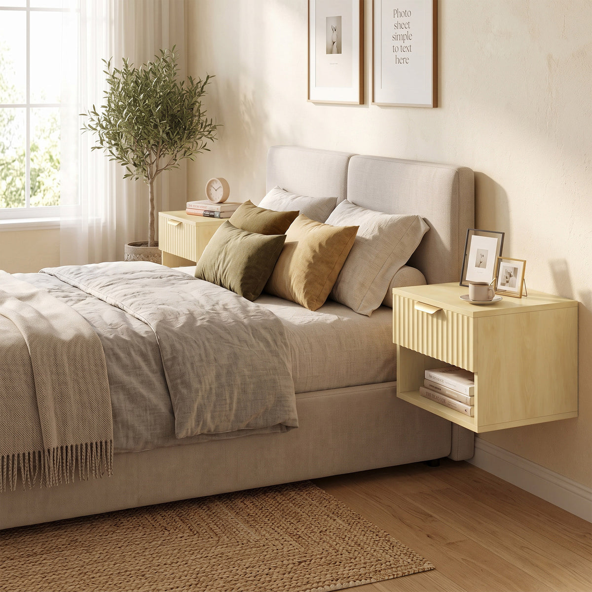 Floating Nightstands Set of 2, Modern Wall-Mounted Bedside Tables with Fluted Drawer and Open Shelf for Bedroom, Oak
