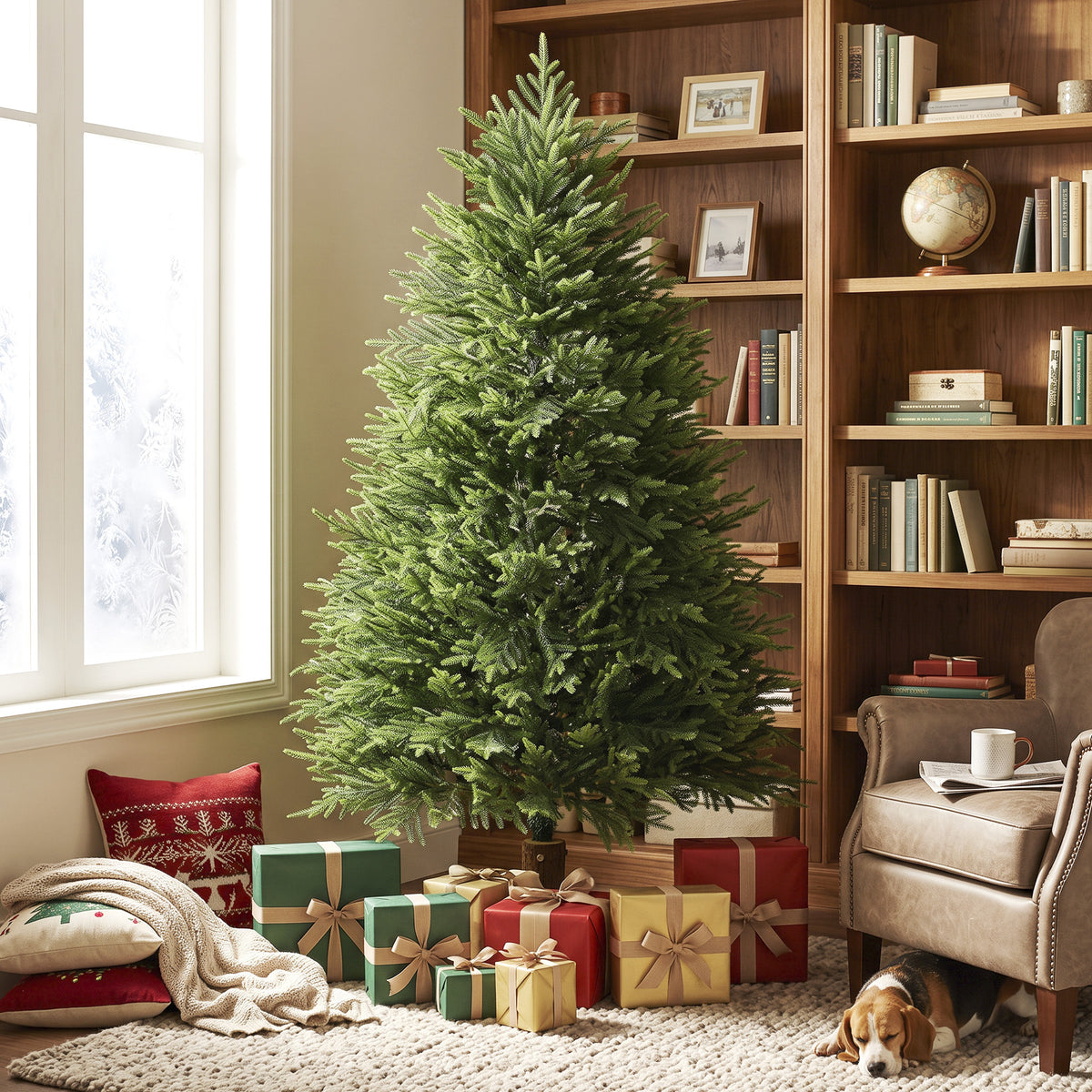 5ft Artificial Christmas Tree, Hinged Xmas Tree with Dense 513 PE & PVC Branch Tips, Realistic Fir Wood Base, Auto Open for Home Office Decor, Green