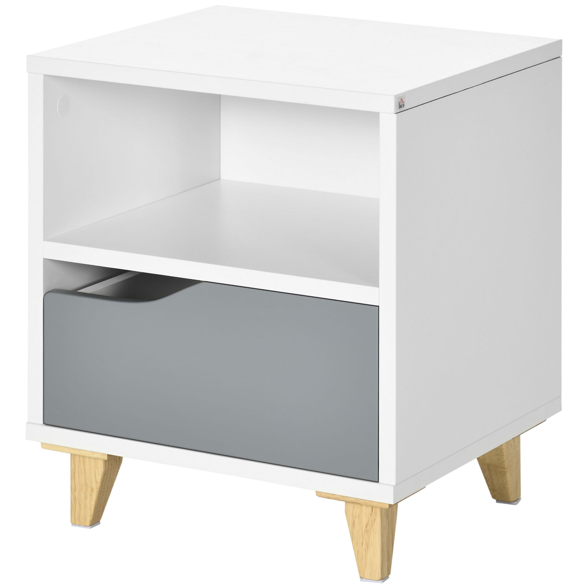 HOMCOM Nightstand, Bedside Table with Drawer and Shelf, Side End Table with Wood Legs for Bedroom, White and Grey