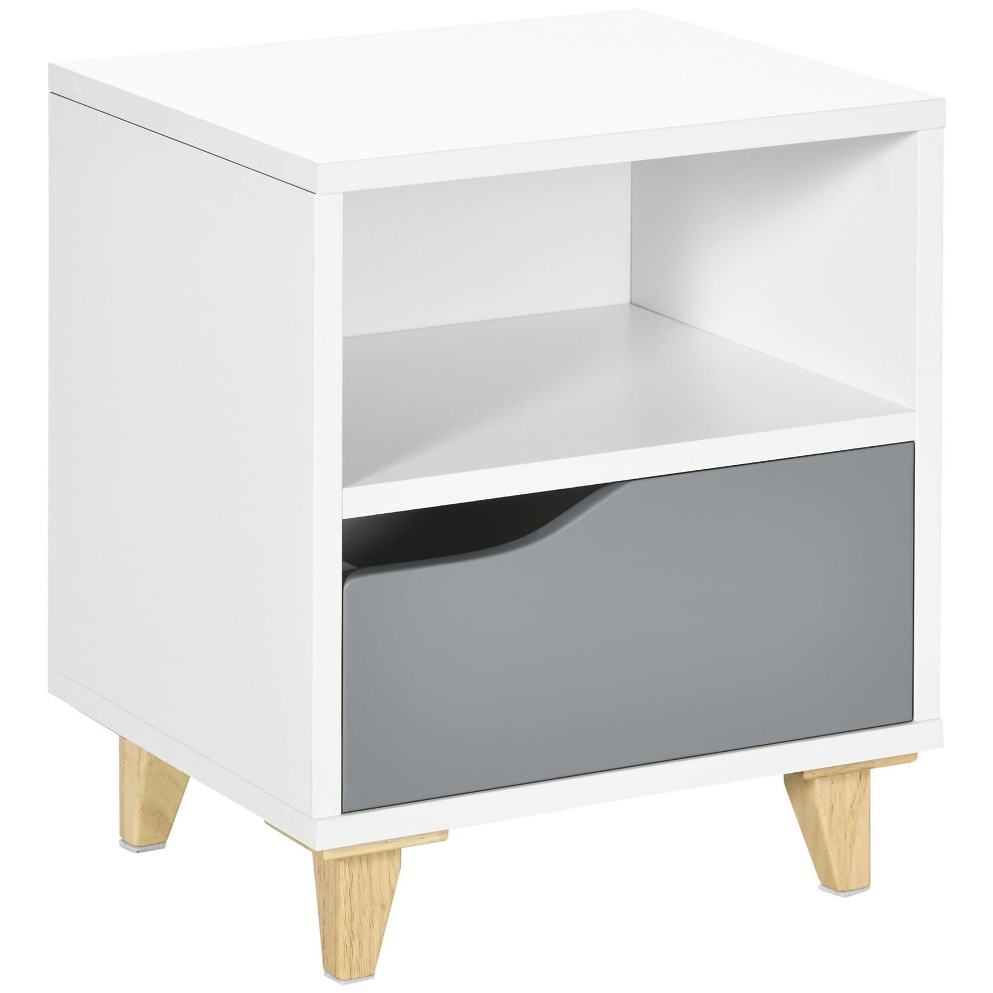 HOMCOM Nightstand, Bedside Table with Drawer and Shelf, Side End Table with Wood Legs for Bedroom, White and Grey