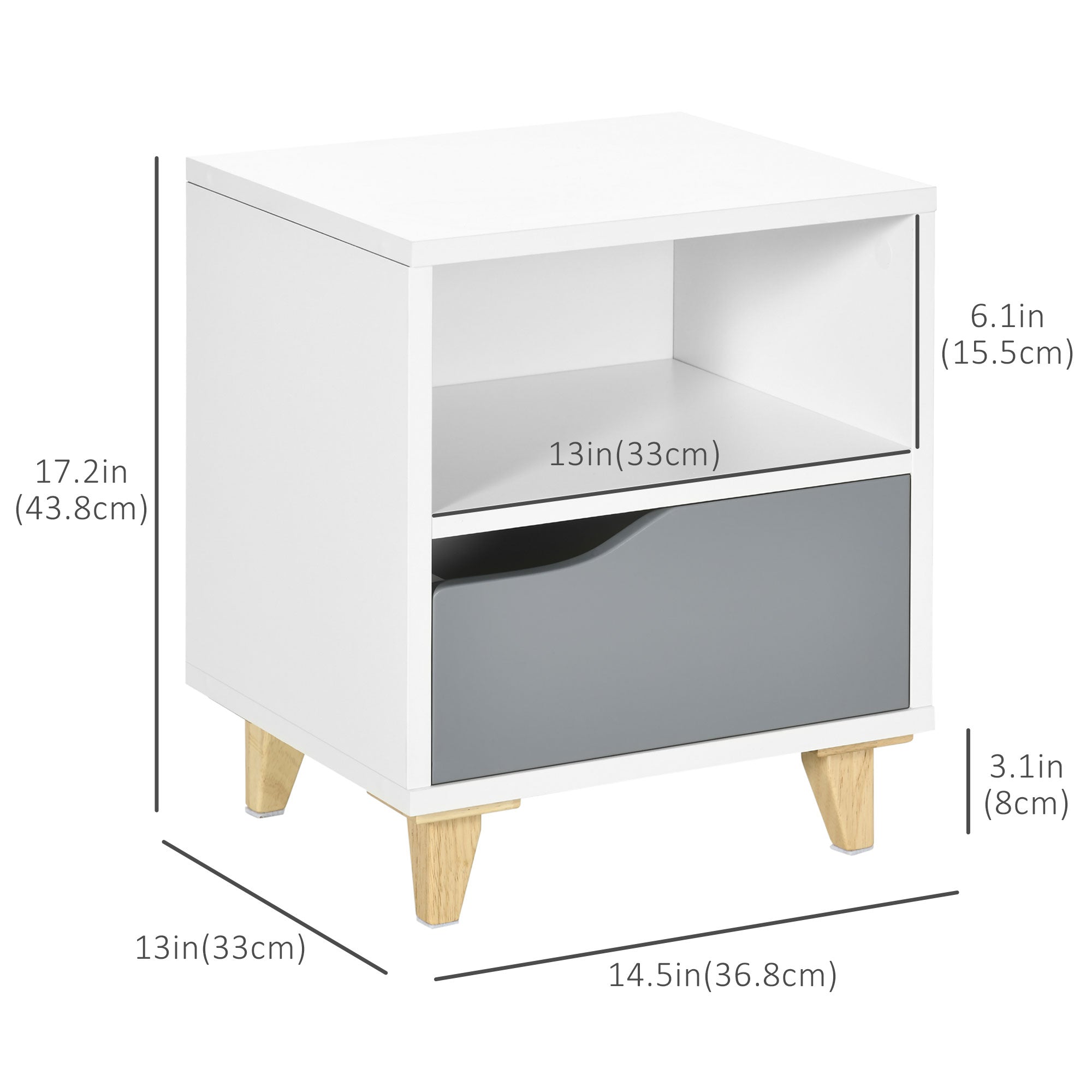 HOMCOM Nightstand, Bedside Table with Drawer and Shelf, Side End Table with Wood Legs for Bedroom, White and Grey