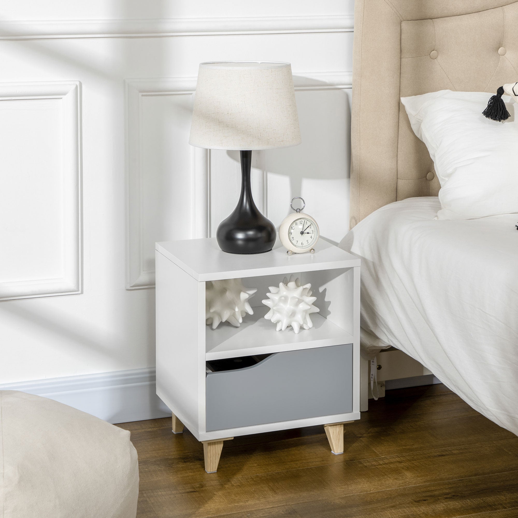 HOMCOM Nightstand, Bedside Table with Drawer and Shelf, Side End Table with Wood Legs for Bedroom, White and Grey