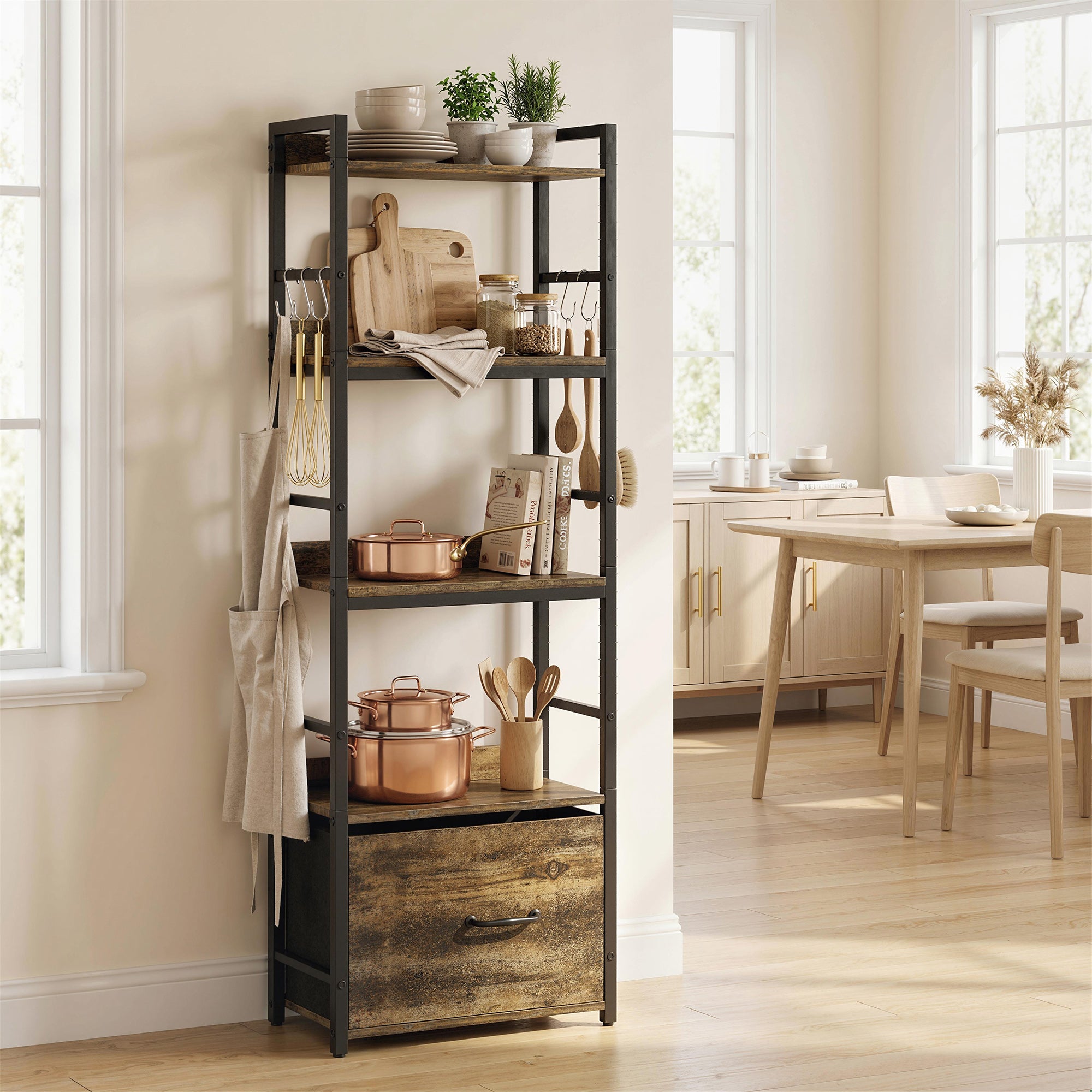 4-Tier Bookshelf, Narrow Bookcase with Drawer, 8 Hooks, Metal Frame, Shelving Unit for Living Room, Bedroom, Home Office, 39 x 26 x 136.5 cm, Rustic Brown