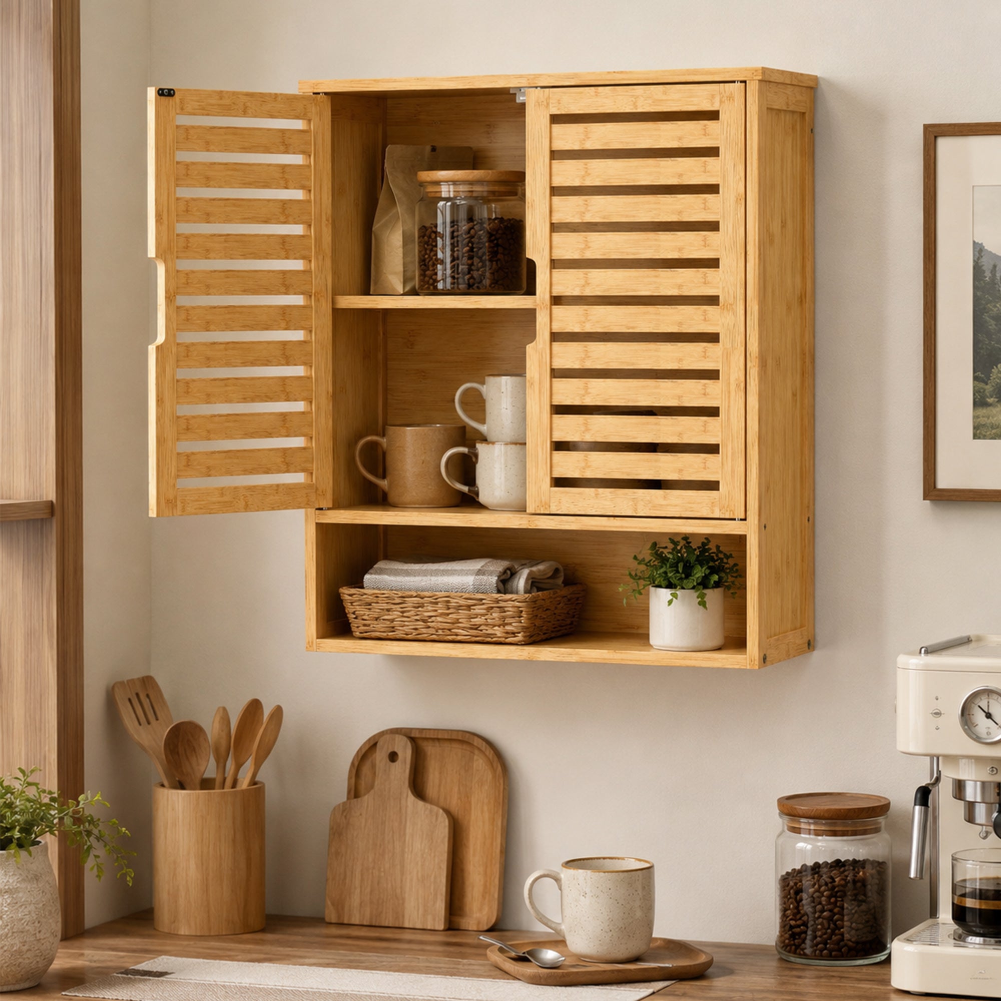 Bathroom Wall Cabinet, Wall Mounted Bathroom Cabinet with 2 Louvered Doors, Open Shelf and Adjustable Shelf Storage for Toilet, Laundry, Oak