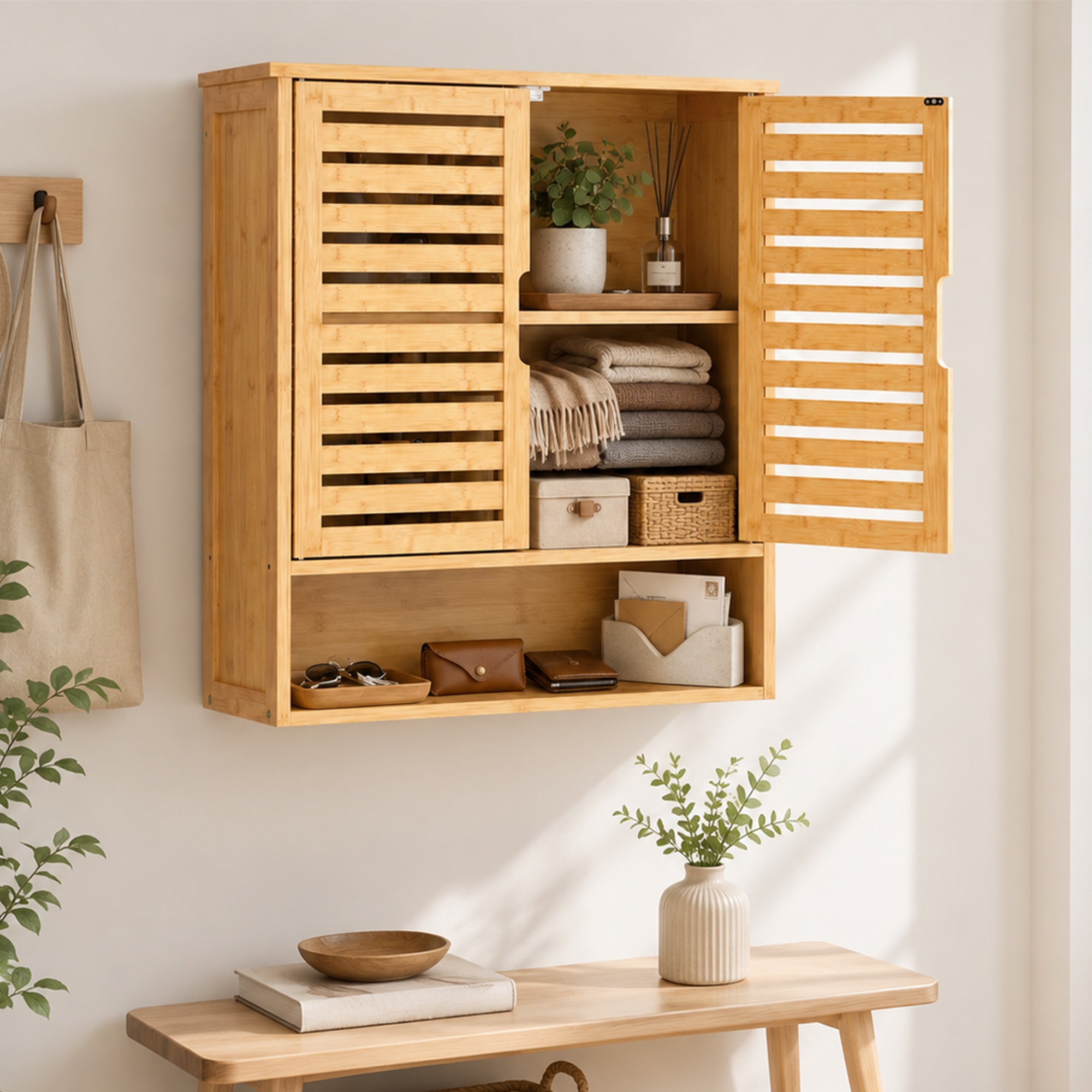 Bathroom Wall Cabinet, Wall Mounted Bathroom Cabinet with 2 Louvered Doors, Open Shelf and Adjustable Shelf Storage for Toilet, Laundry, Oak